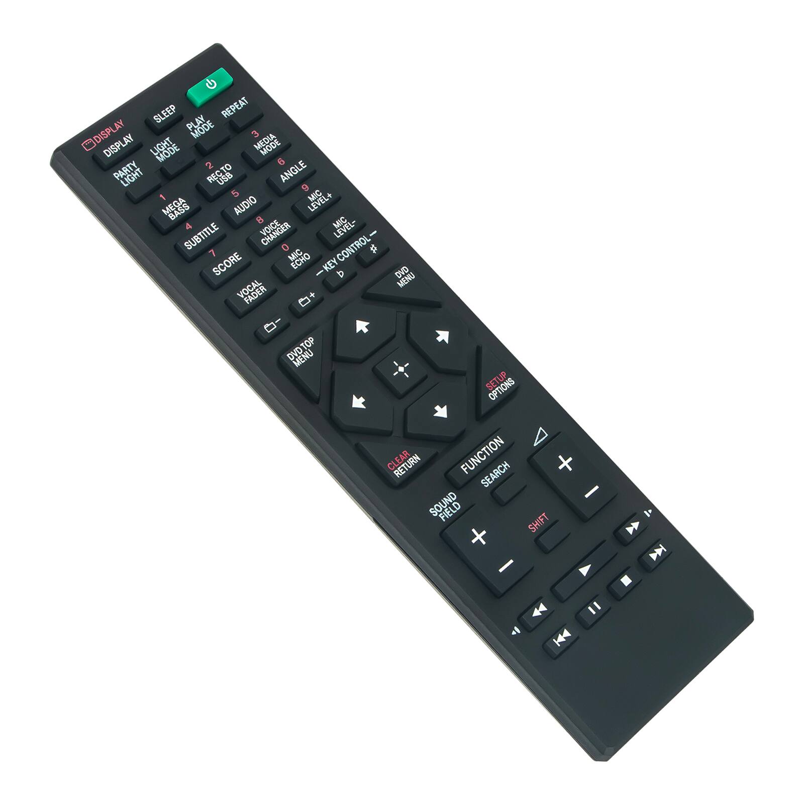 SLEEP PLAY REPEAT DISPLAY MODE 3 MEDIA DISPLAY LIGHT MODE MODE PARTY LIGHT REG B ANGLE 5 MIC MEGA BASS AUDIO LEVEL+ 8 MIC 4 LEVEL- SUBTITLE CHANGER CONTROL # SCORE MIC ECHO KEY I a DVD MENU VOCAL FADER * TOP DVD MENU SETUP OPTIONS RETURN FUNCTION SEARCH SOUND SHIFT