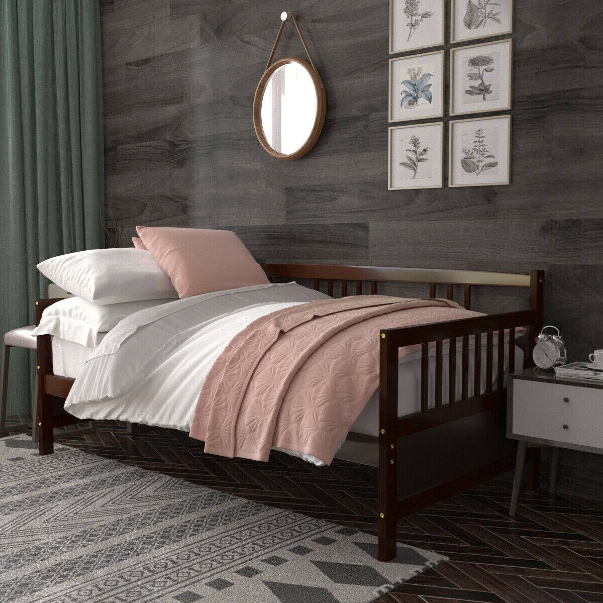 Back. Costway - Costway Twin Size Wooden Slats Daybed Bed Sofa Support Platform Sturdy W/Rails Cherry - Espresso.