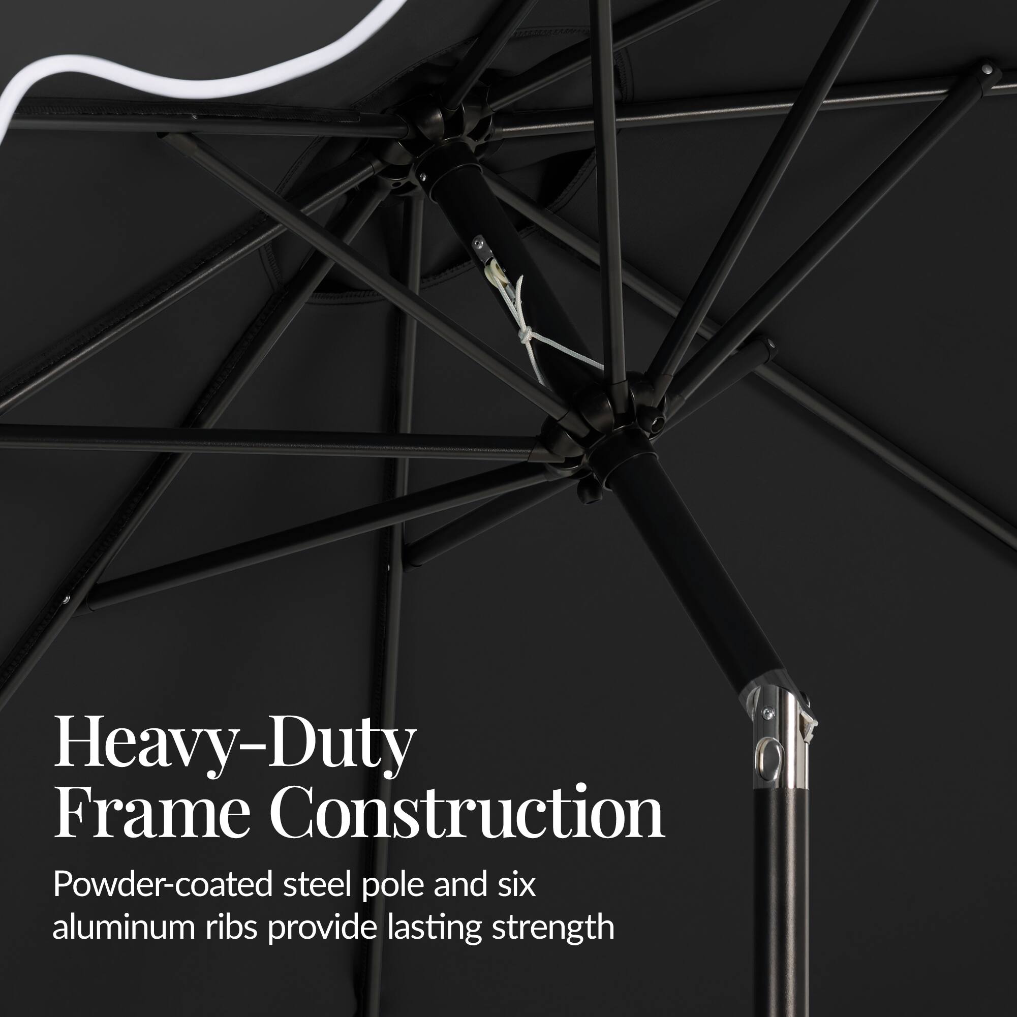 Heavy-Duty Frame Construction  
Powder-coated steel pole and six aluminum ribs provide lasting strength