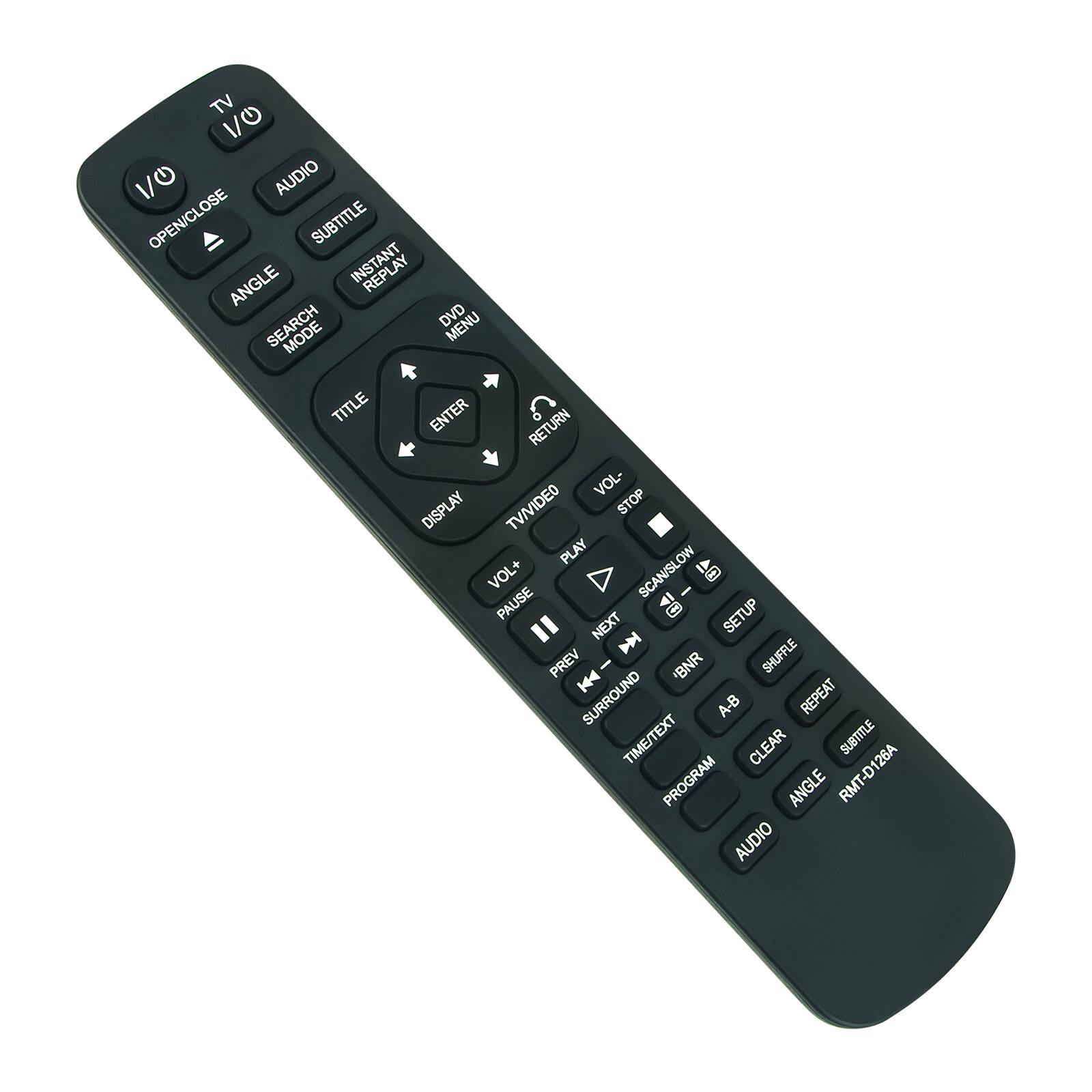 TV 1/0  
AUDIO OPEN/CLOSE  
SUBTITLE  
INSTANT REPLAY  
ANGLE  
SEARCH MODE  
DVD MENU  
TITLE  
ENTER  
RETURN  
DISPLAY  
TV/VIDEO  
VOL-  
STOP  
VOL+  
PAUSE  
PLAY  
SCAN/SLOW  
NEXT  
PREV  
SETUP  
SHUFFLE  
'BNR  
SURROUND  
A-B  
REPEAT  
TIME/TEXT  
CLEAR  
SUBTITLE  
PROGRAM  
ANGLE  
RMT-D126A  
AUDIO