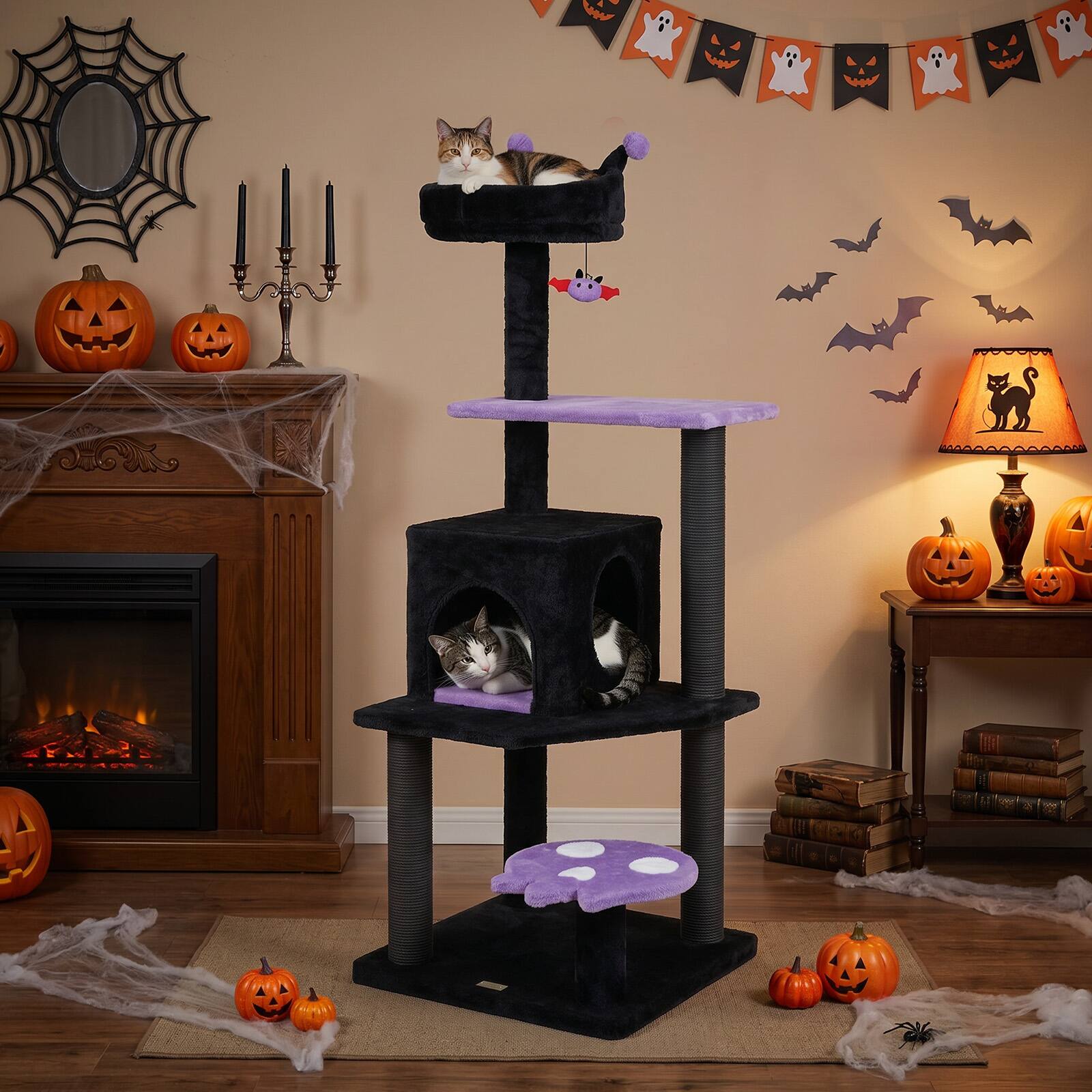 Alt View 3. Gymax - Gymax 57'' Gothic Cat Tree for Indoor Cats w/ Padded Perch 2-Entry Condo Hanging Toy Purple & Black.