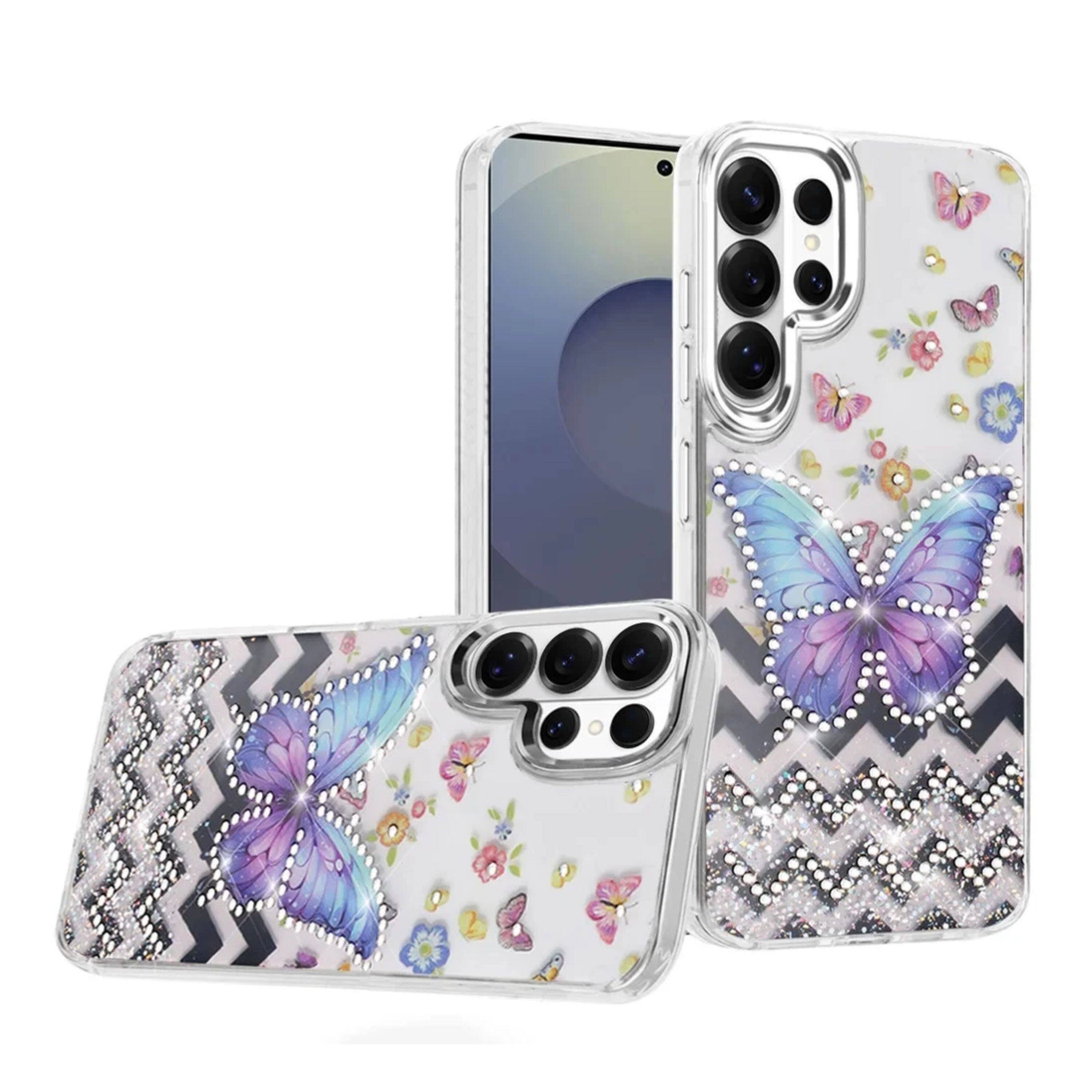 Angle. Kitcheniva - Colorful Epoxy Design Plastic Jewels With Tempered Glass For Samsung Galaxy S26 Ultra Butterfly - Multicolor.