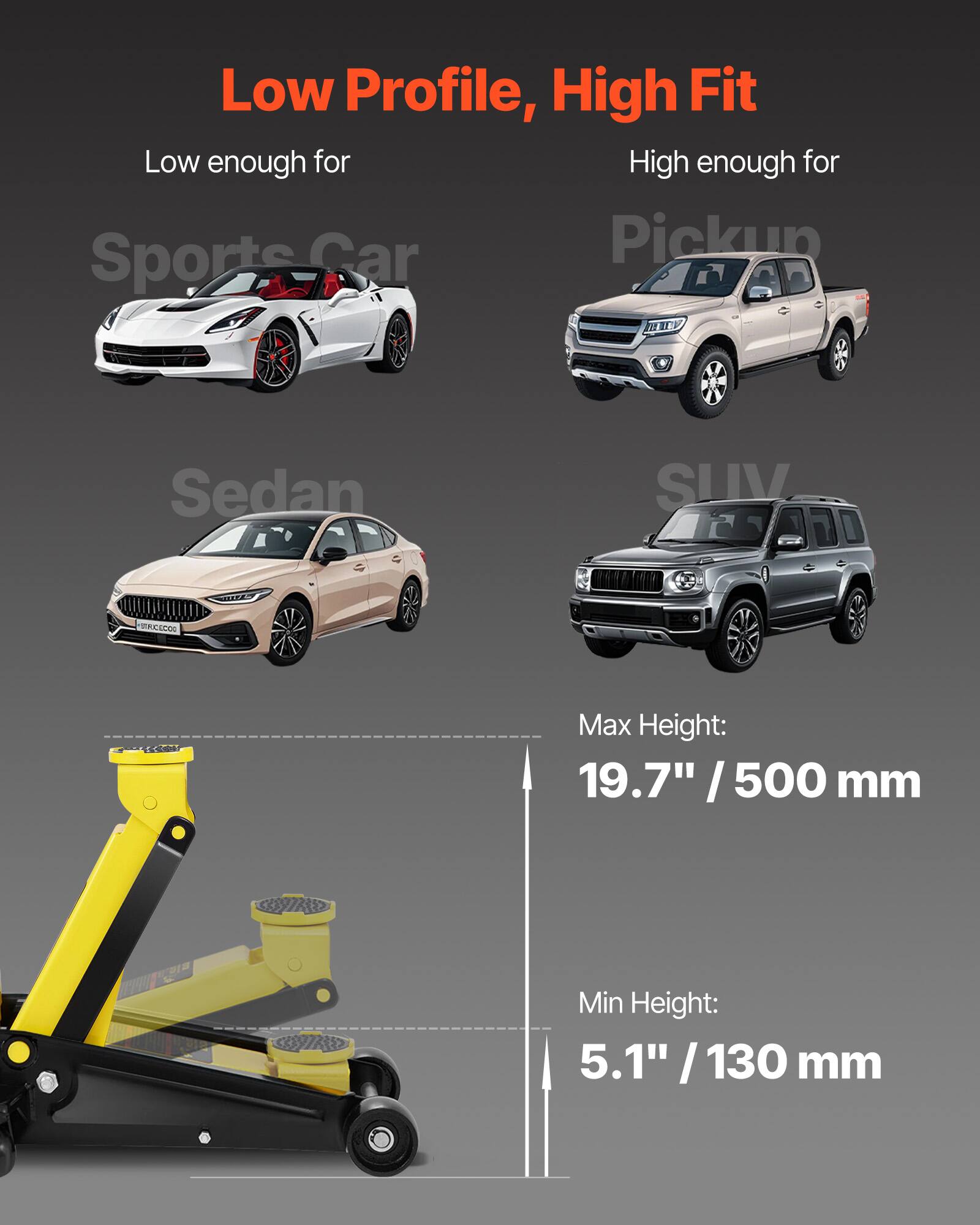 Low Profile, High Fit  
Low enough for Sports Car  
High enough for Pickup  
Sedan  
SUV  

Max Height: 19.7" / 500 mm  
Min Height: 5.1" / 130 mm