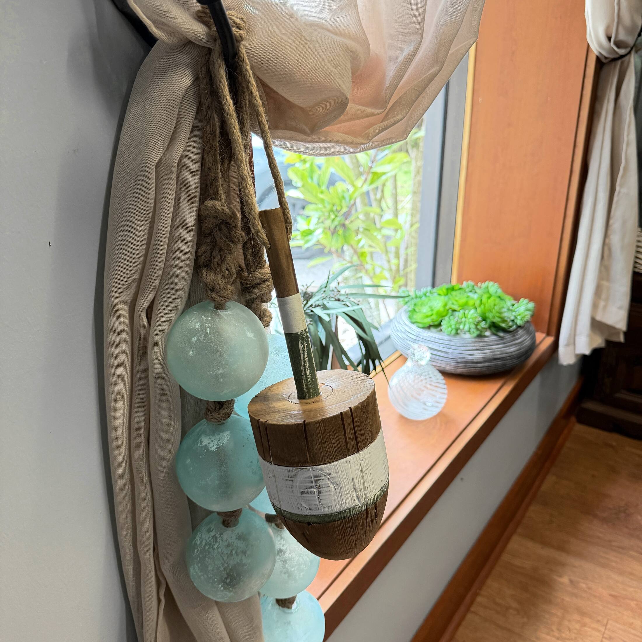 Alt View 5. Things2Die4 - Nautical Wooden Hanging Buoy White Green Striped Rope Wall Decor 15 Inch - White.