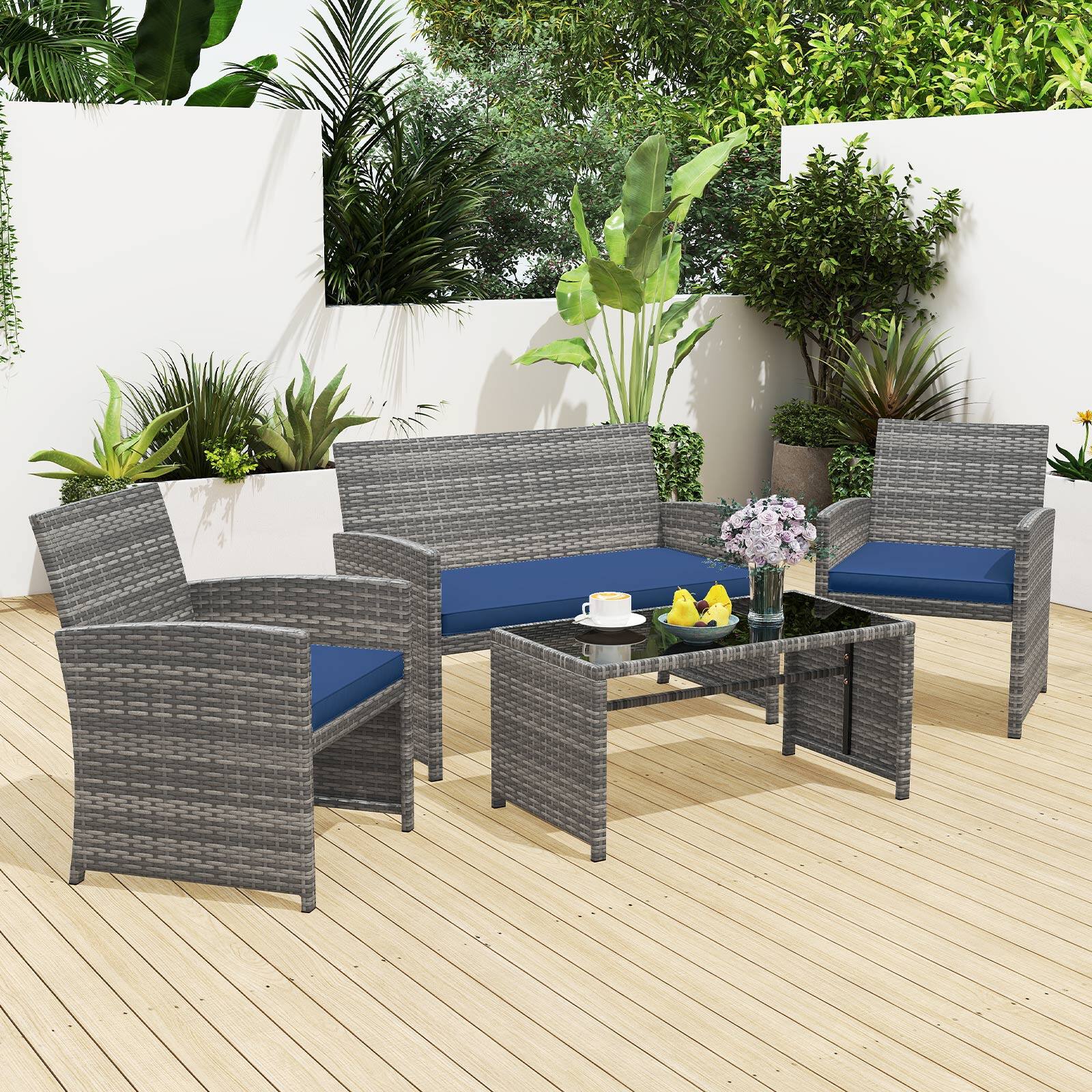 Alt View 4. Gymax - Gymax 8 Piece Patio Furniture Set Outdoor Wicker Conversation Set w/ Tempered Glass Coffee Table Navy - Blue.