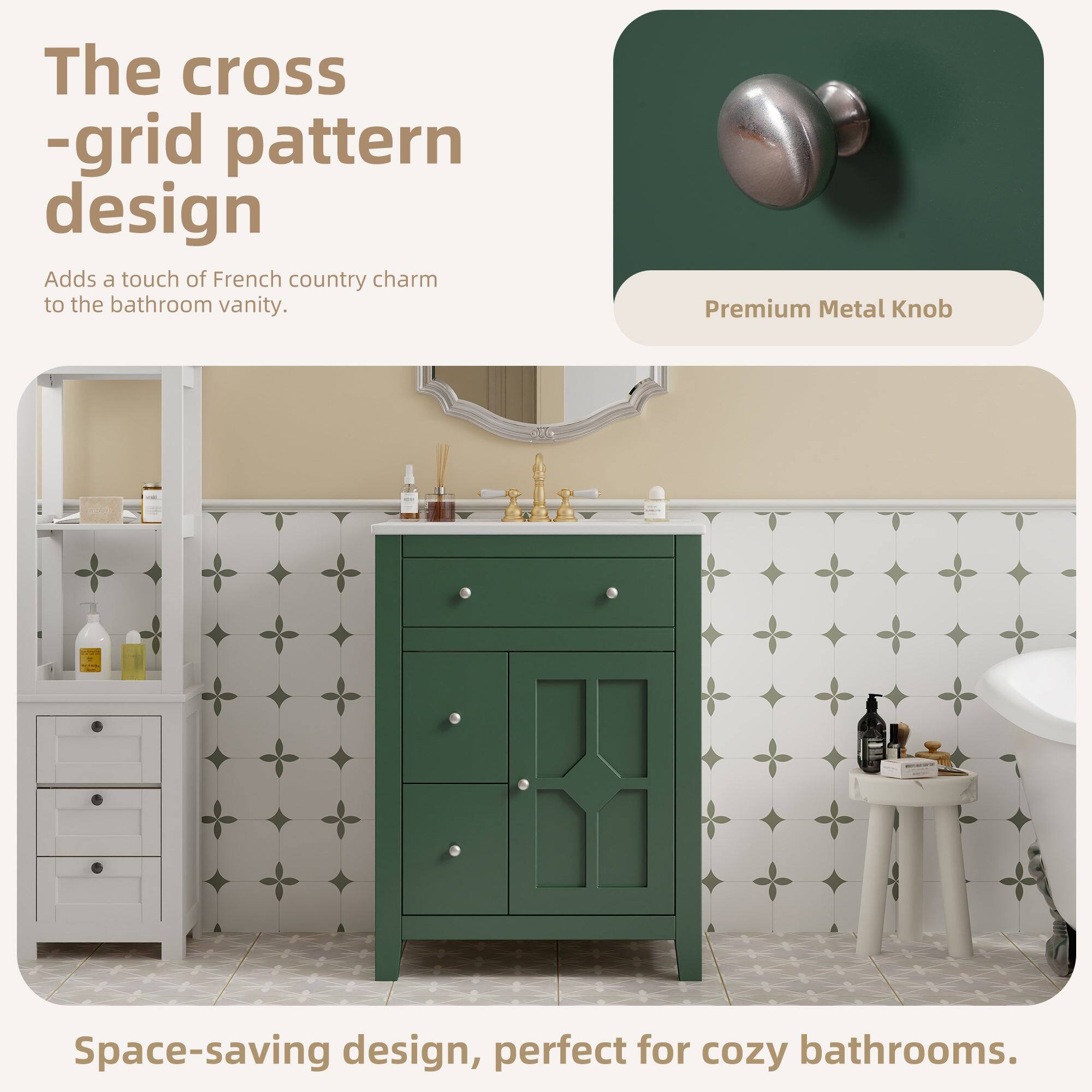 The cross-grid pattern design adds a touch of French country charm to the bathroom vanity. Premium Metal Knob. Space-saving design, perfect for cozy bathrooms.