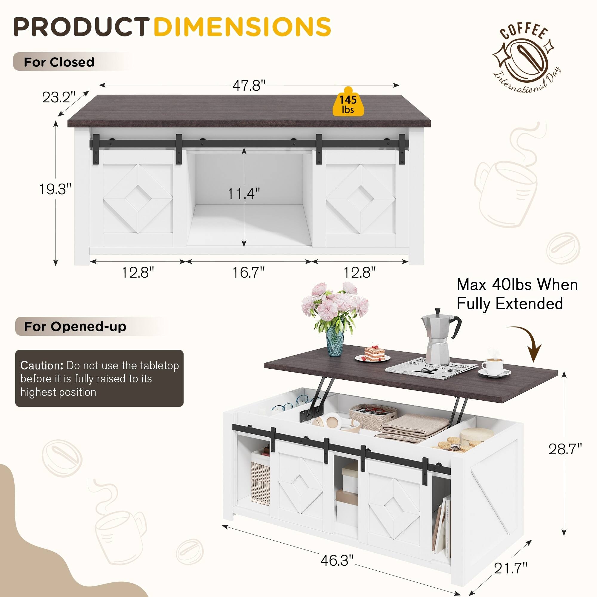 Back. U-HOMY - Lift Top Coffee Table with Storage and Sliding Barn Doors, Farmhouse Center Table for Living Room - White.