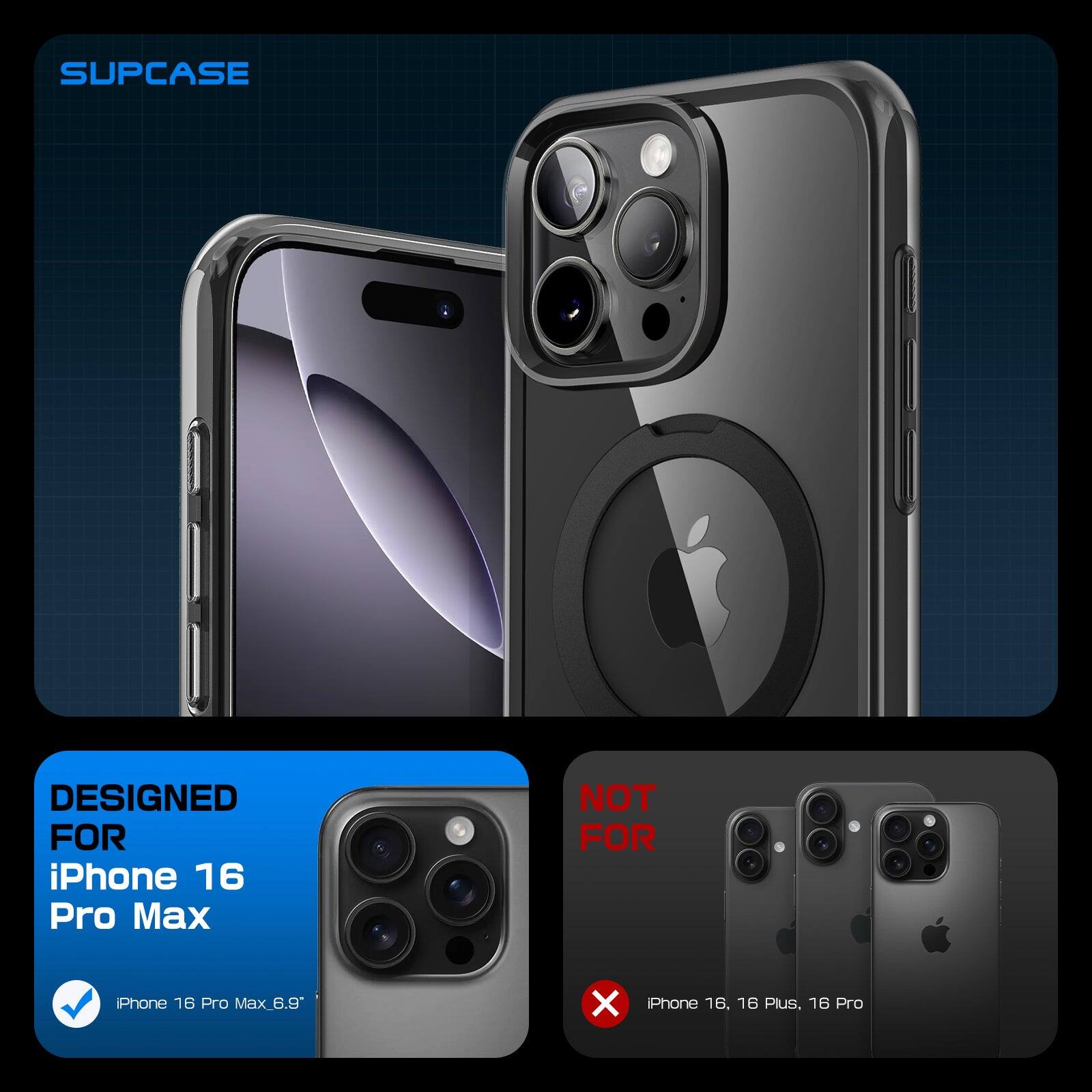 The text on the image can be grouped and corrected as follows:

- **Designed for iPhone 16 Pro Max**
- **Not for iPhone 16, 16 Plus, 16 Pro**

This indicates that the phone case is specifically designed for the iPhone 16 Pro Max and is not compatible with the iPhone 16, 16 Plus, or 16 Pro.