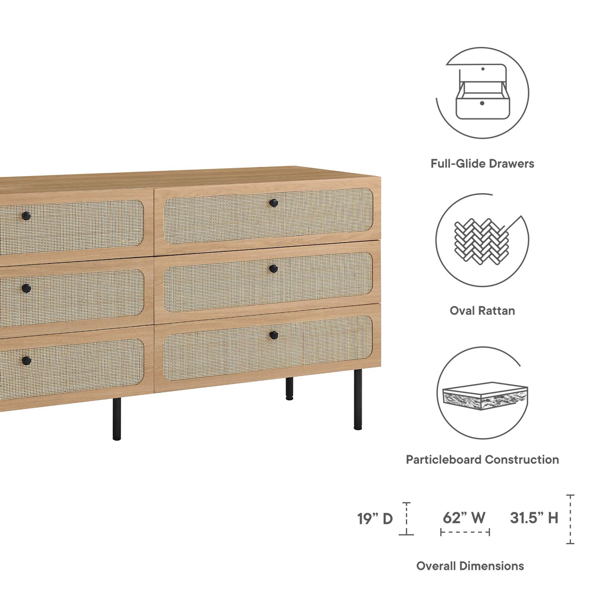 Full-Glide Drawers  
Oval Rattan  
Particleboard Construction  

19" D x 62" W x 31.5" H  
Overall Dimensions