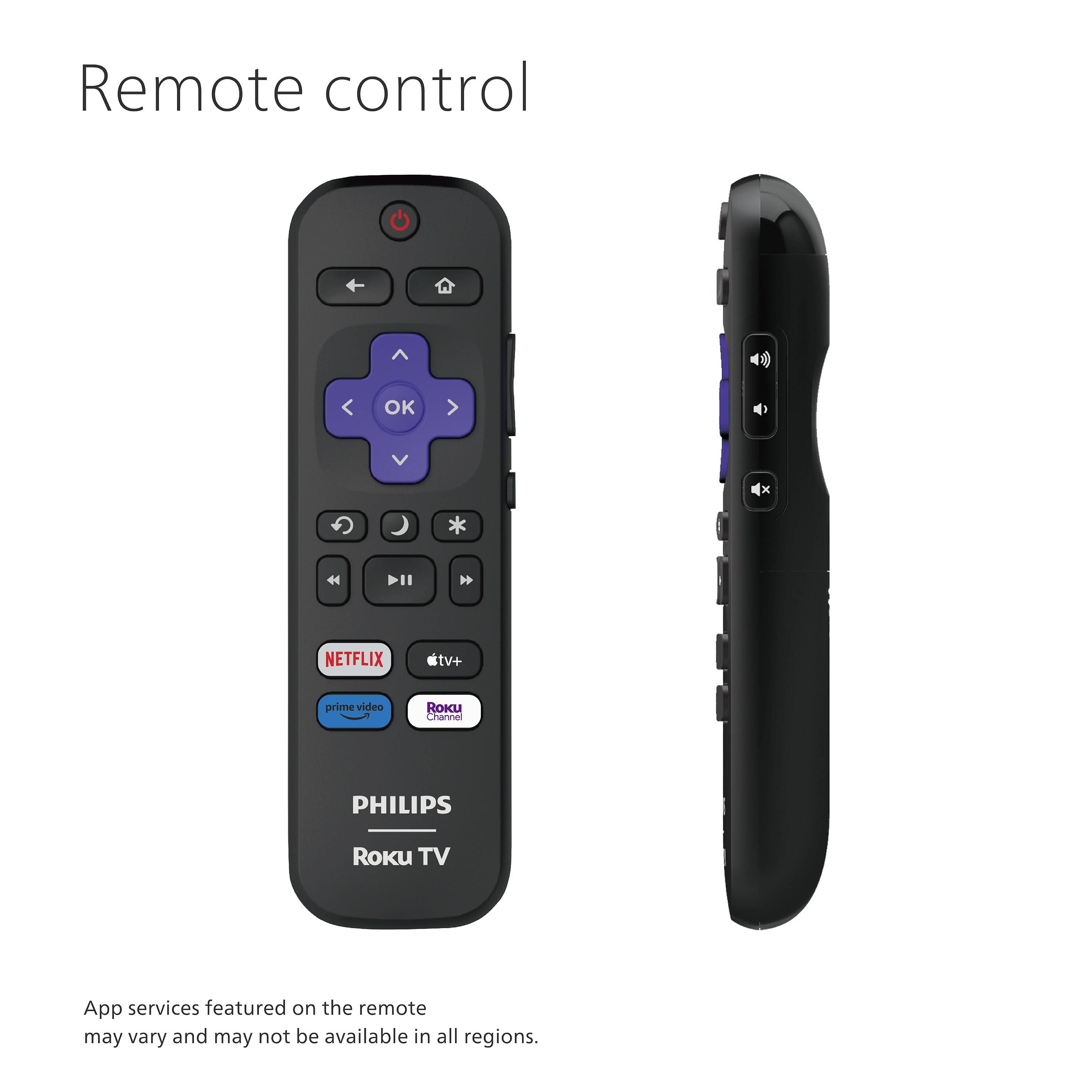 Remote control

PHILIPS Roku TV

App services featured on the remote may vary and may not be available in all regions.