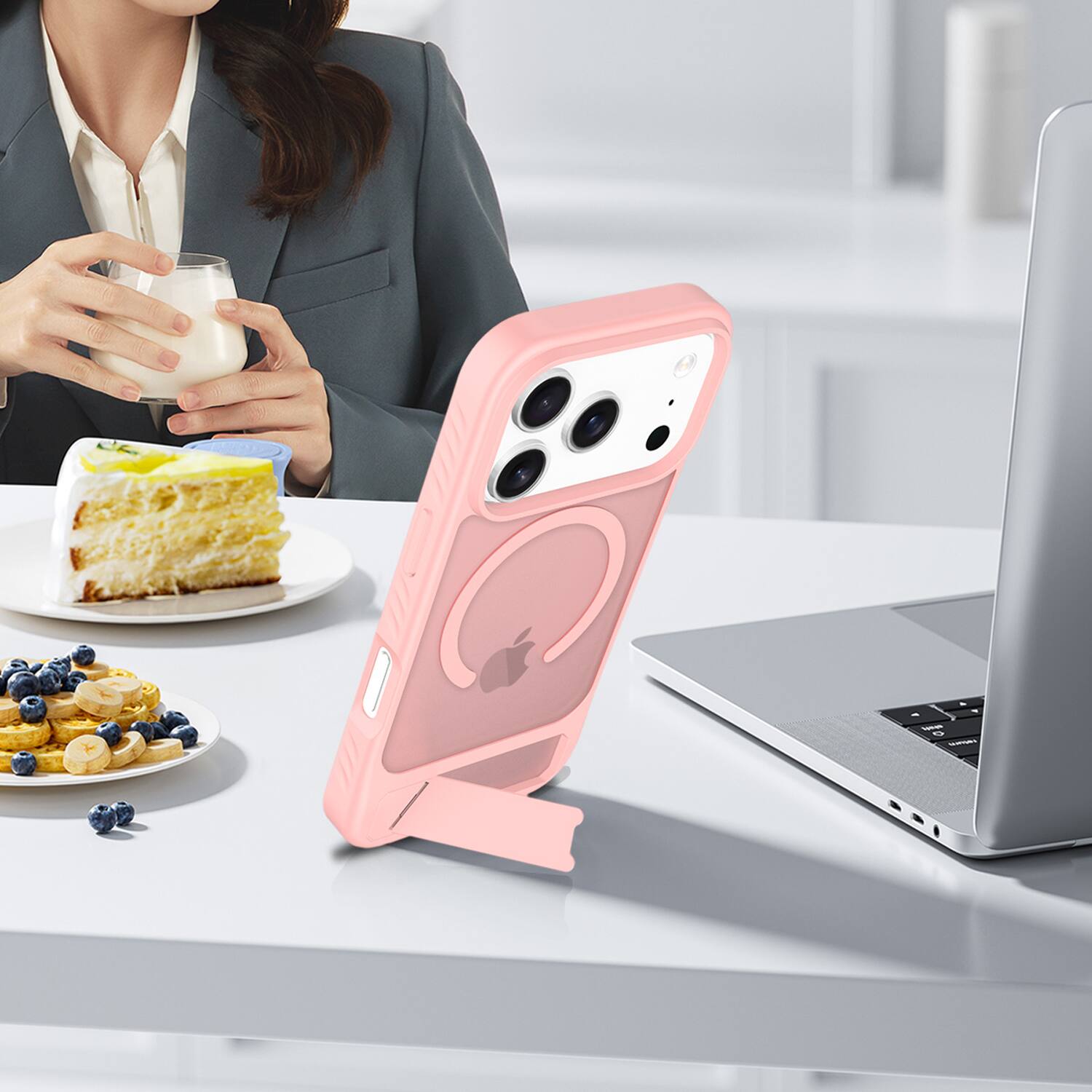 Alt View 3. Dteck - for Apple iPhone 17 Pro Max Translucent Matte Case,Shockproof Stand Slim Mag Safe Cover with Tempered Glass Flim - Pink.