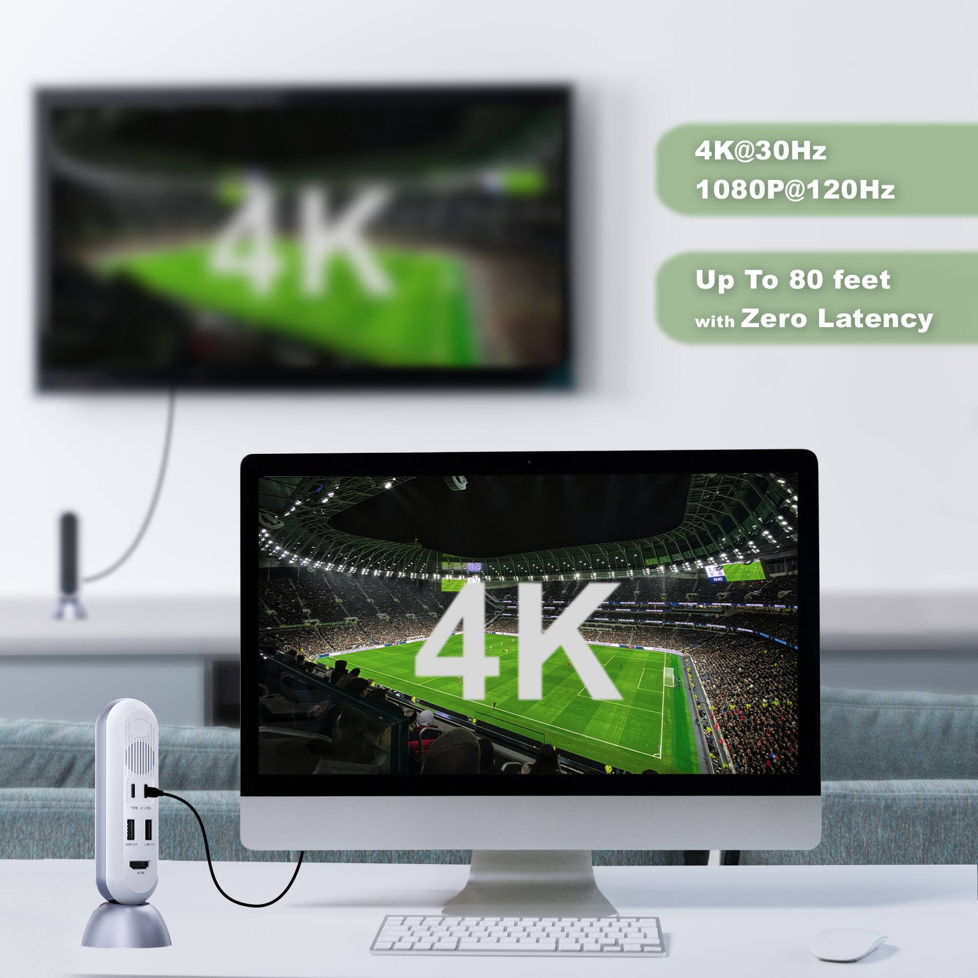 4K@30Hz  
1080P@120Hz  

Up To 80 feet with Zero Latency