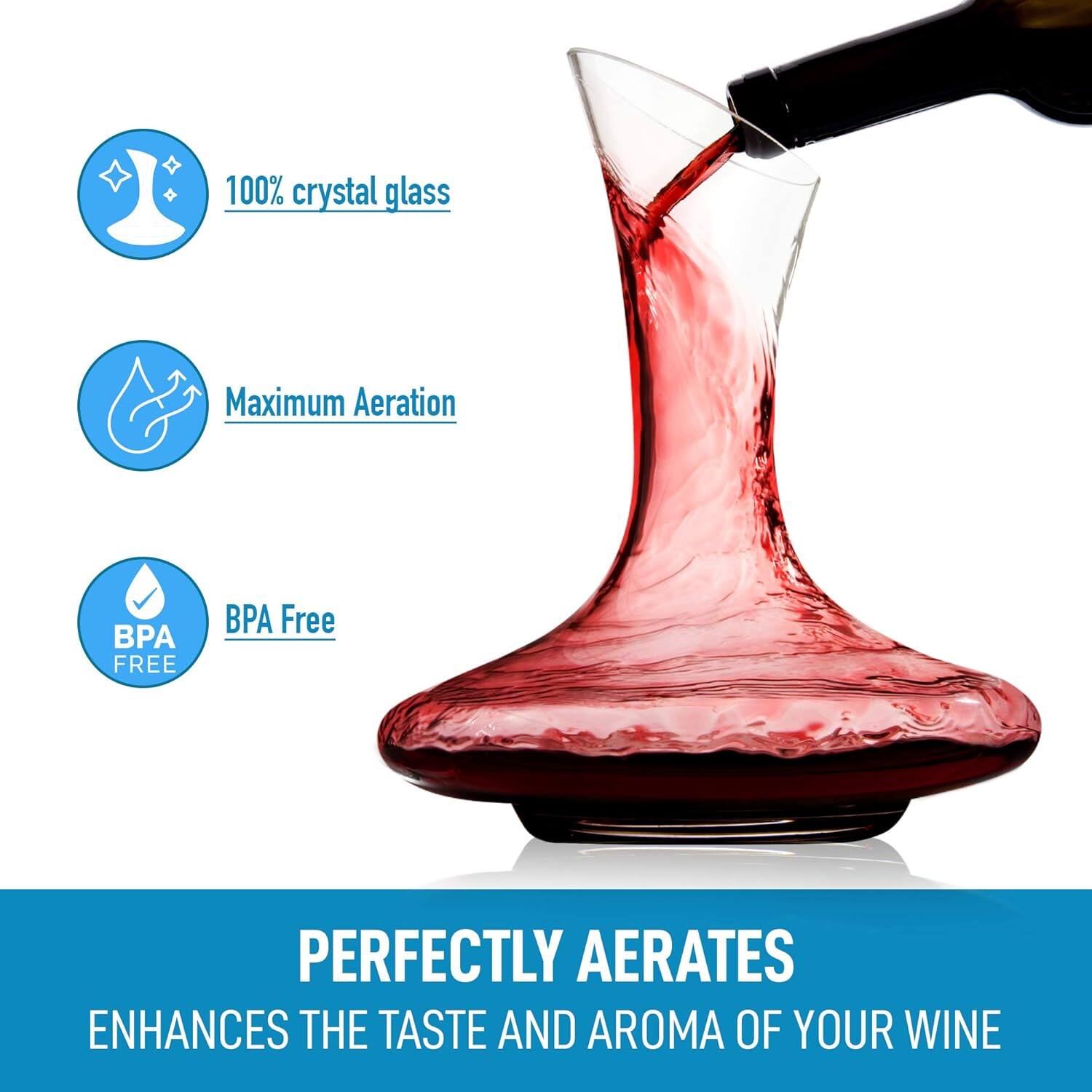 100% crystal glass  
Maximum Aeration  
BPA Free  

Perfectly aerates  
Enhances the taste and aroma of your wine