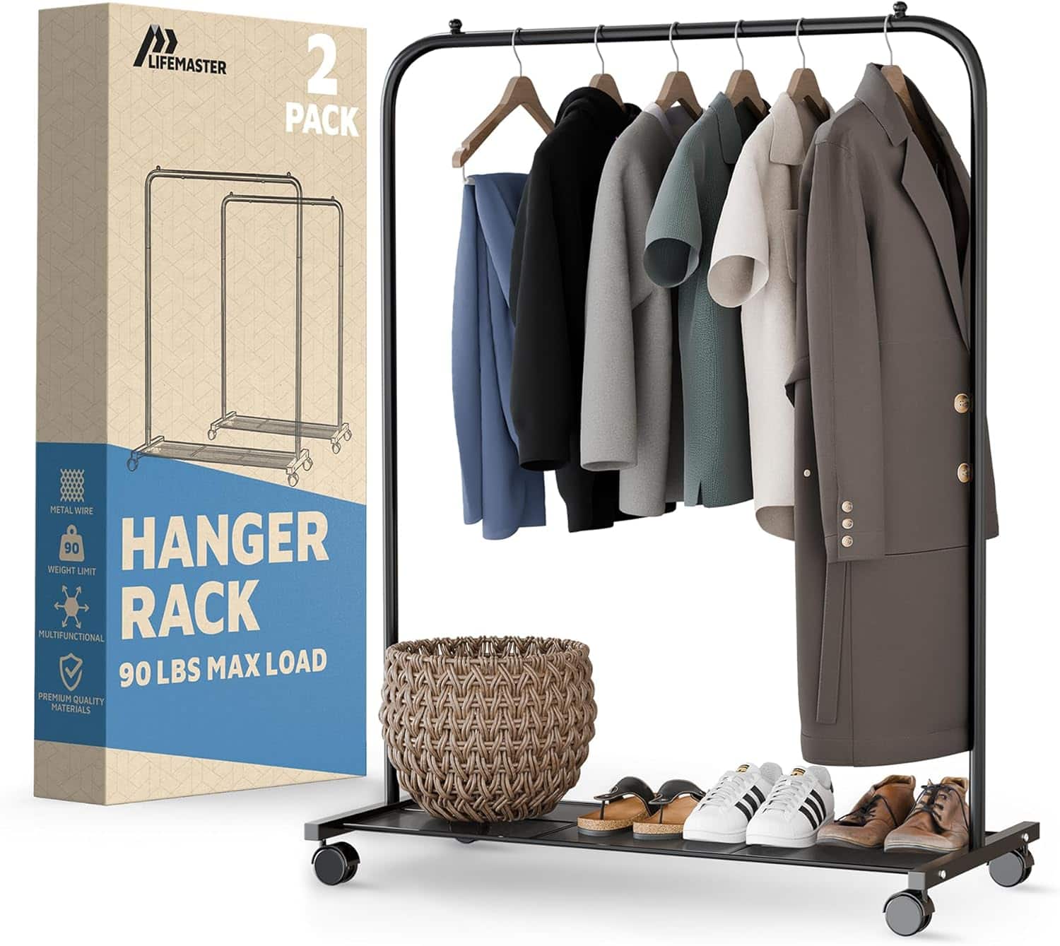 Lifemaster - Metal Clothes Rack, Pack of 2 – Rolling Garment Racks with Wheels, Ample Storage & Easy Assembly - Black
