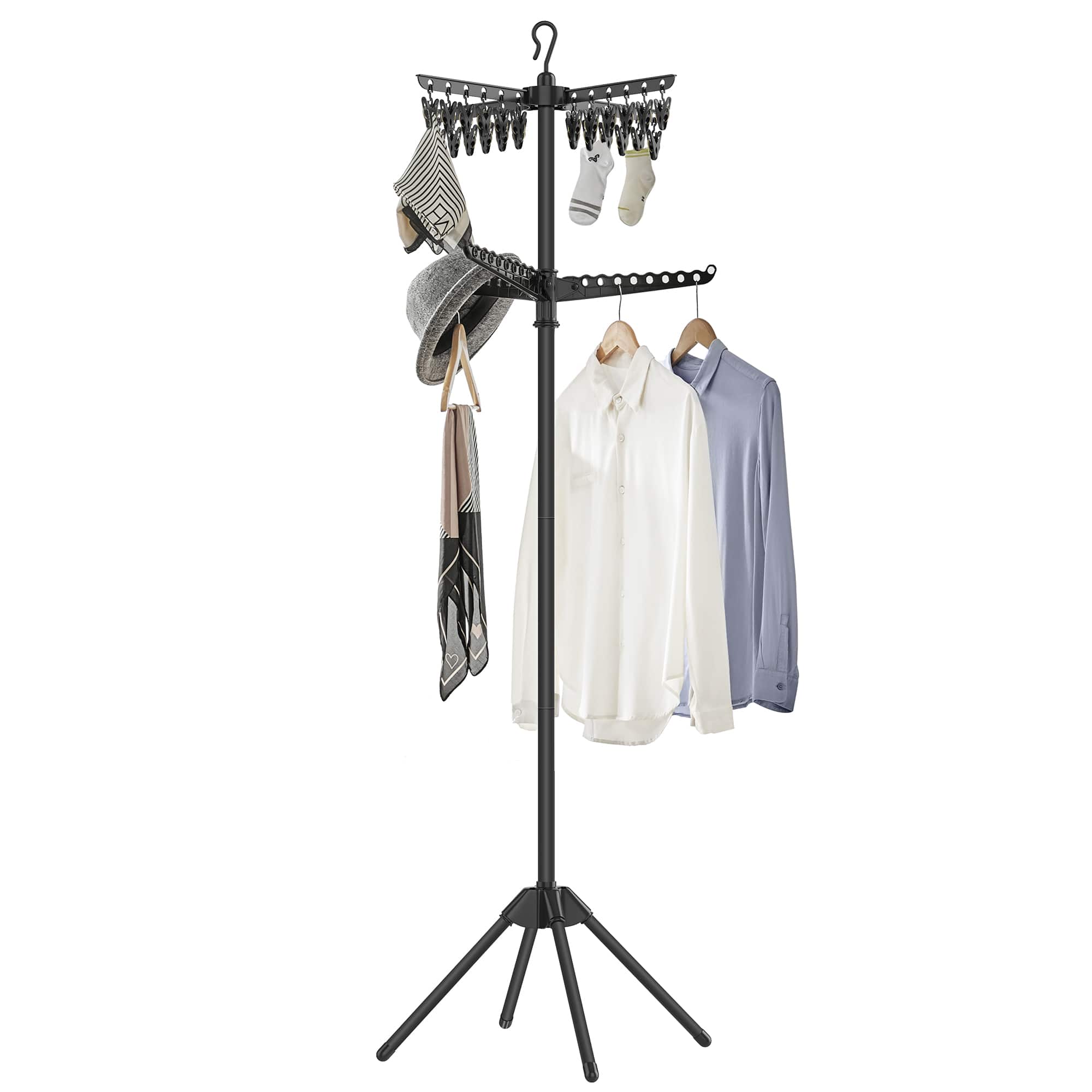 Songmics Home - 2-Tier Clothes Drying Rack, 72-Inch Folding Laundry Drying Rack with 3 Rotatable Arms for Hangers, 24 Clips - Black