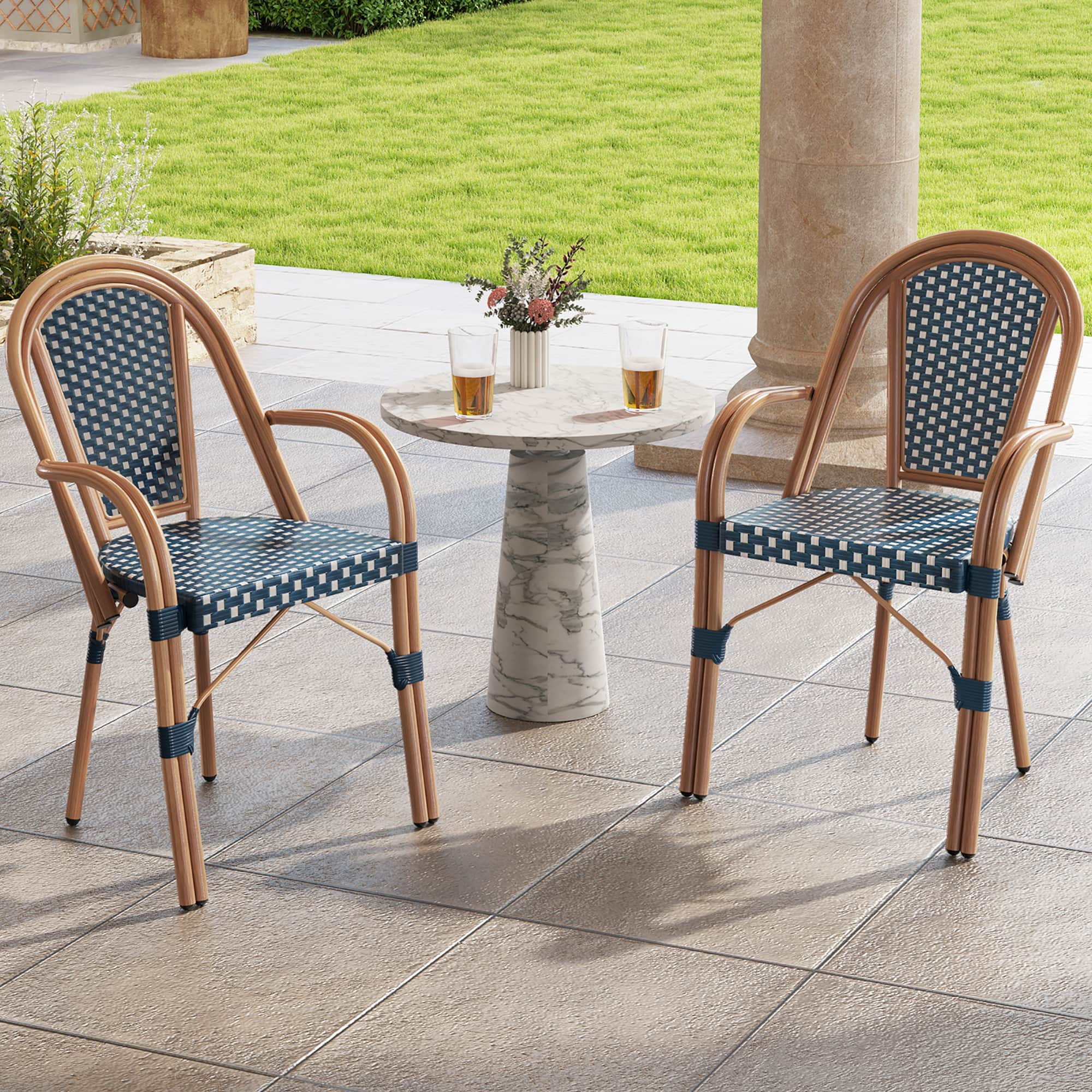 Gymax - Outdoor French Bistro Chairs 2 PCS w/ Armrests Galvanized Metal Frame Blue & White - Blue, White