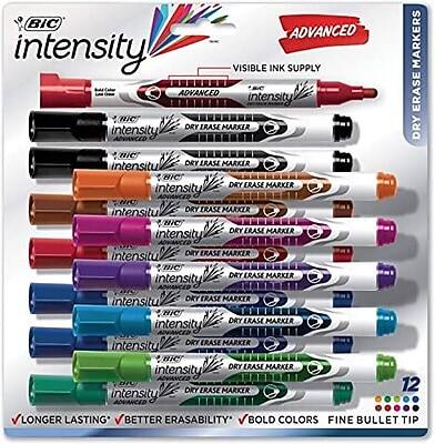 BIC Intensity Advanced  
Visible Ink Supply  

Dry Erase Markers  
- BIC Intensity Advanced Dry Erase Marker  
- BIC Intensity Advanced Dry Erase Marker  
- BIC Intensity Advanced Dry Erase Marker  
- BIC Intensity Advanced Dry Erase Marker  
- BIC Intensity Advanced Dry Erase Marker  
- BIC Intensity Advanced Dry Erase Marker  
- BIC Intensity Advanced Dry Erase Marker  
- BIC Intensity Advanced Dry Erase Marker  
- BIC Intensity Advanced Dry Erase Marker  
- BIC Intensity Advanced Dry Erase Marker  
- BIC Intensity Advanced Dry Erase Marker  
- BIC Intensity Advanced Dry Erase Marker  

12 Markers  
- Longer Lasting  
- Better Erasability  
- Bold Colors  
- Fine Bullet Tip