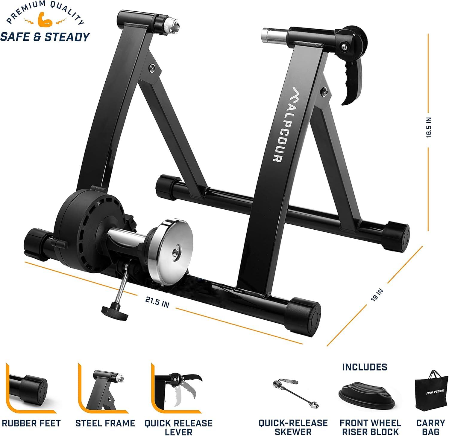 The corrected text is:

"Premium Quality Safe & Steady KALPCOUR in 16.5" and 21.5" in 19" includes RALFCRUR Rubber Feet, Steel Frame, Quick Release Lever, Quick-Release Front Wheel, Carry Skewer, Riser Block, Bag."