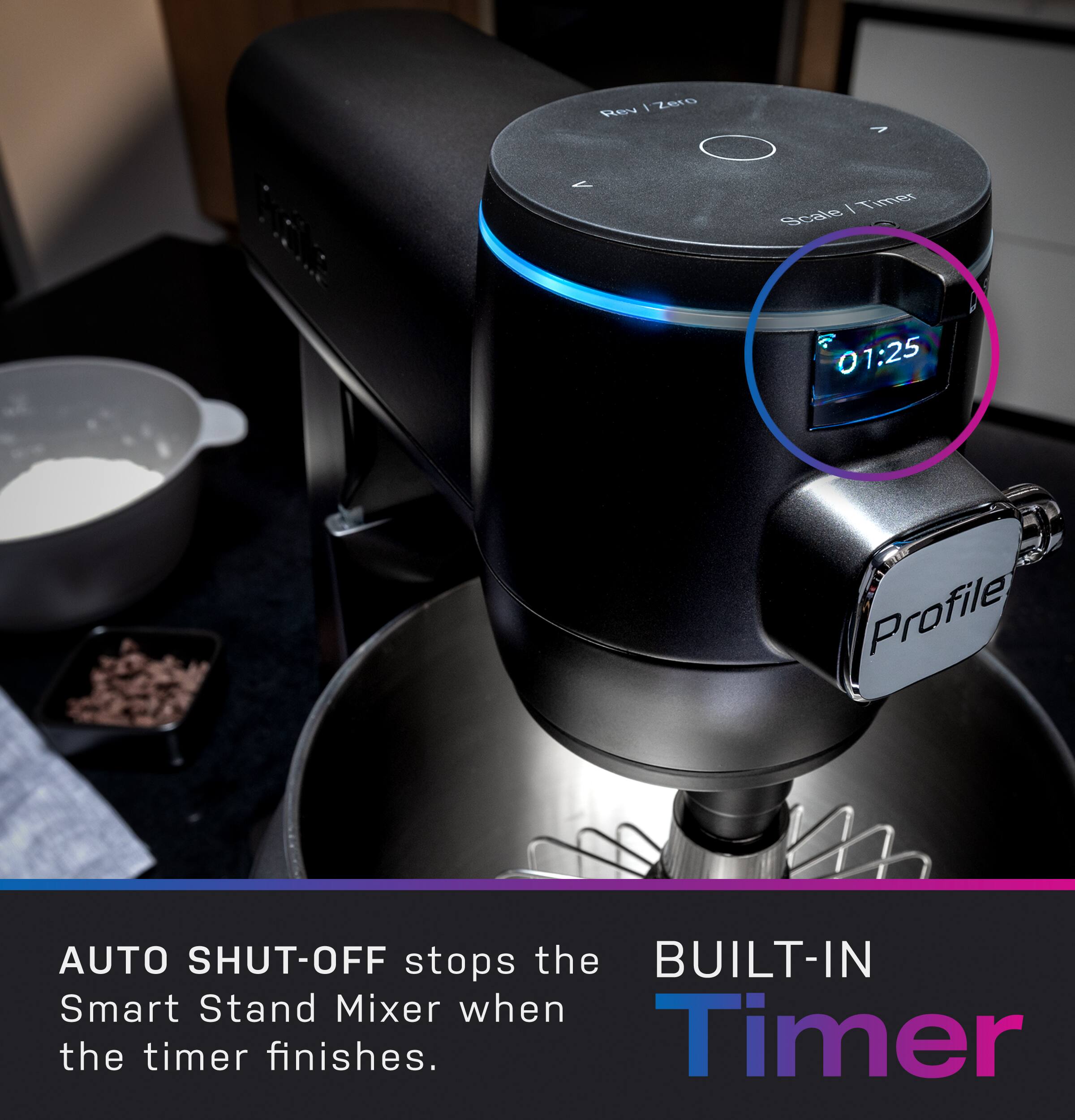 The image features a built-in smart stand mixer with a timer that automatically shuts off when the timer finishes. The timer is set at 01:25, and the mixer is designed to be energy-efficient and convenient to use. The mixer is placed on a countertop, and there is a bowl nearby, possibly for mixing ingredients.