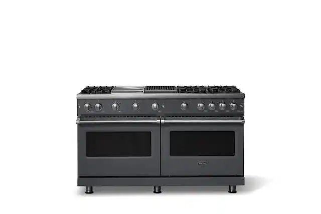 Front. Viking - 60"W. Pro5S 8.0 Cu. Ft. Freestanding Sealed 6 Burner Gas Convection Range/Griddle/Double Oven-Cast Black - Cast Black.
