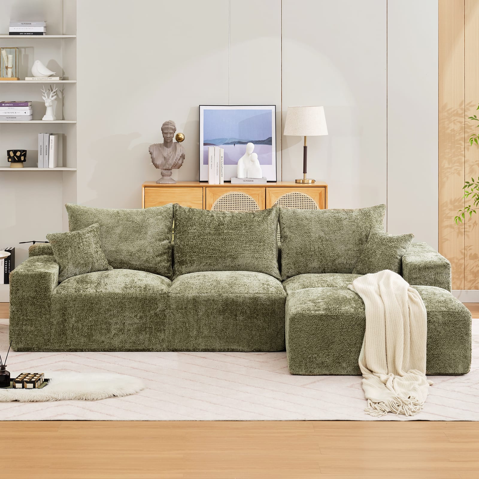 Babevy - Modular Sectional Sofa with Chaise and Sleeper Bed Oversized Chenille Couch for 4 People L Shaped Convertible Sof - Green