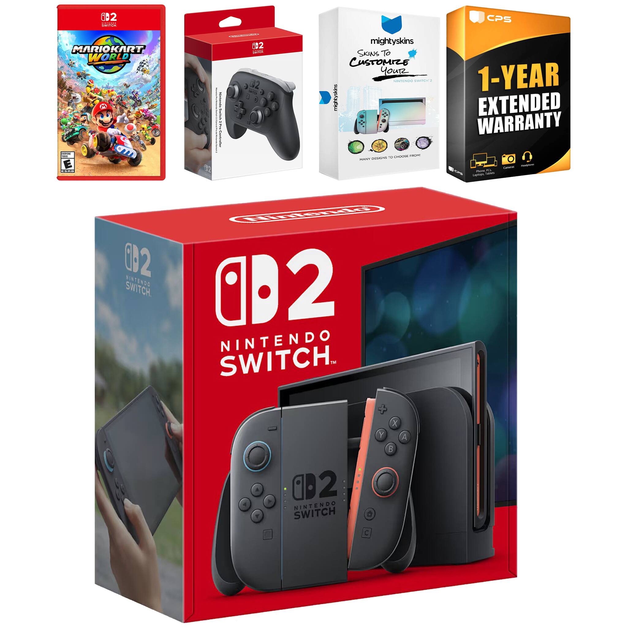Sure, here is the corrected and grouped text from the image:

---

**Nintendo Switch Bundle**

- **Nintendo Switch** (Main Box)
- **Mario Kart 8 Deluxe** (Game Case)
- **Customizable Controller Skins** (mightyskins)
- **1-Year Extended Warranty** (CPS)

**Details:**
- **Mario Kart 8 Deluxe** (E for Everyone)
- **mightyskins** - Skins to Customize Your Nintendo Switch
- **CPS** - 1-Year Extended Warranty

**Controller:**
- **Nintendo Switch** (with "DB2" branding)

**Additional:**
- **DB2** - Nintendo Switch (on the controller and box)

---