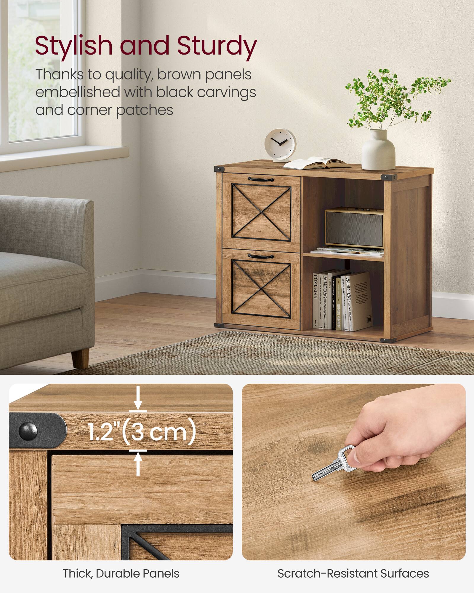 Stylish and Sturdy  
Thanks to quality, brown panels embellished with black carvings and corner patches

1.2" (3 cm) Thick, Durable Panels  
Scratch-Resistant Surfaces