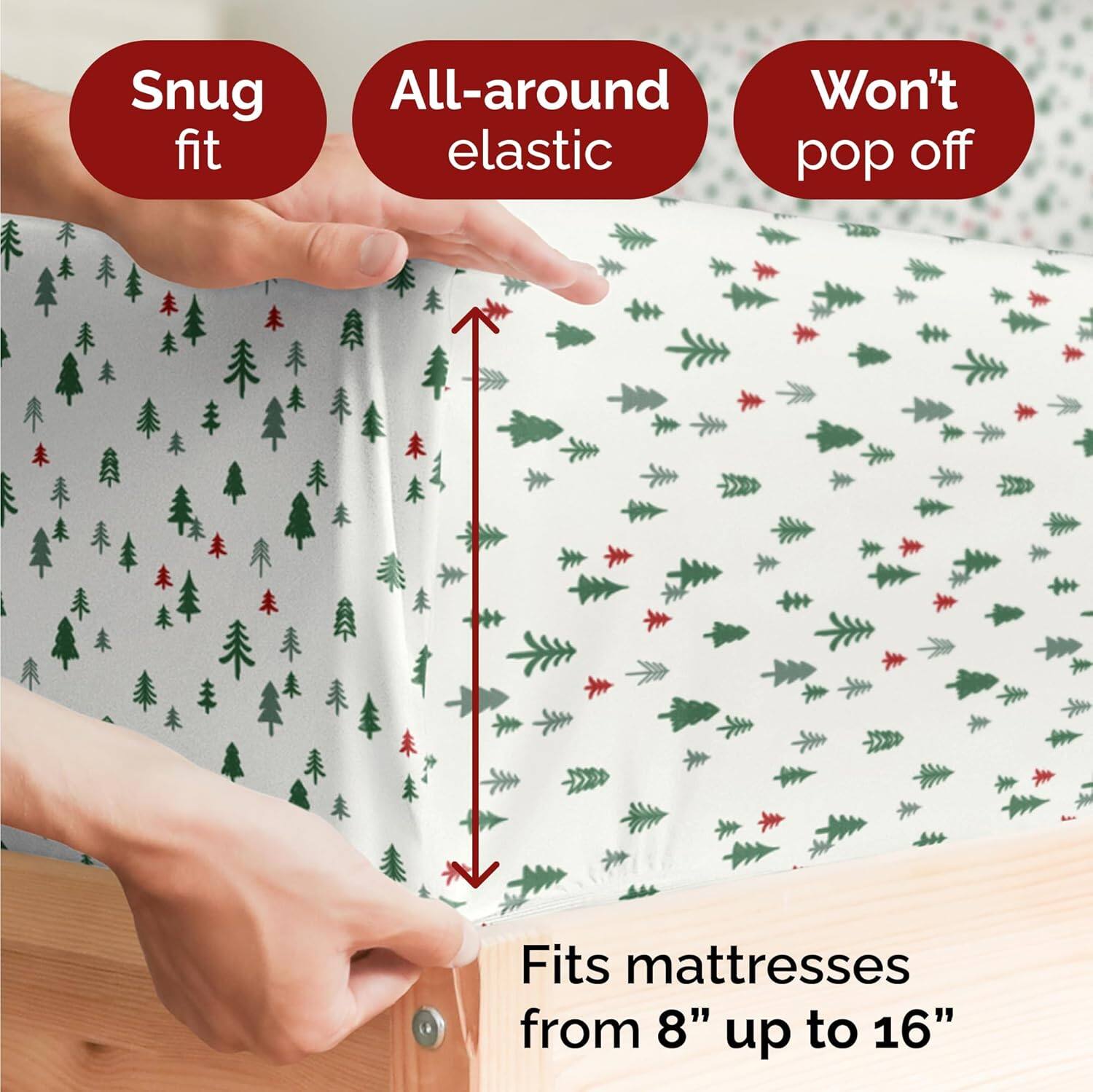 Snug fit  
All-around elastic  
Won't pop off  
Fits mattresses from 8" up to 16"
