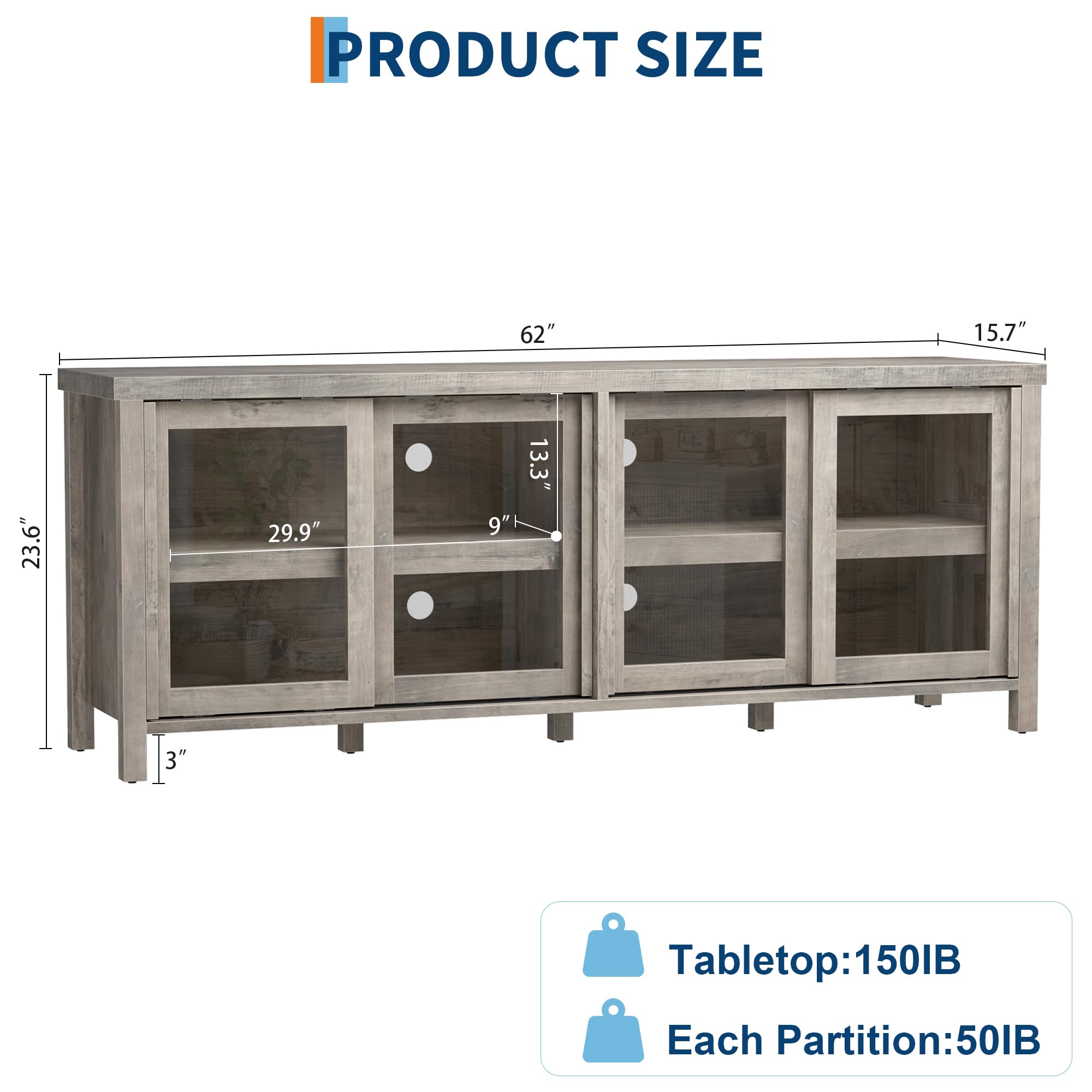 PRODUCT SIZE

62"  
15.7"  
23.6"  
29.9"  
9"  
3"  

Tabletop: 150LB  
Each Partition: 50LB