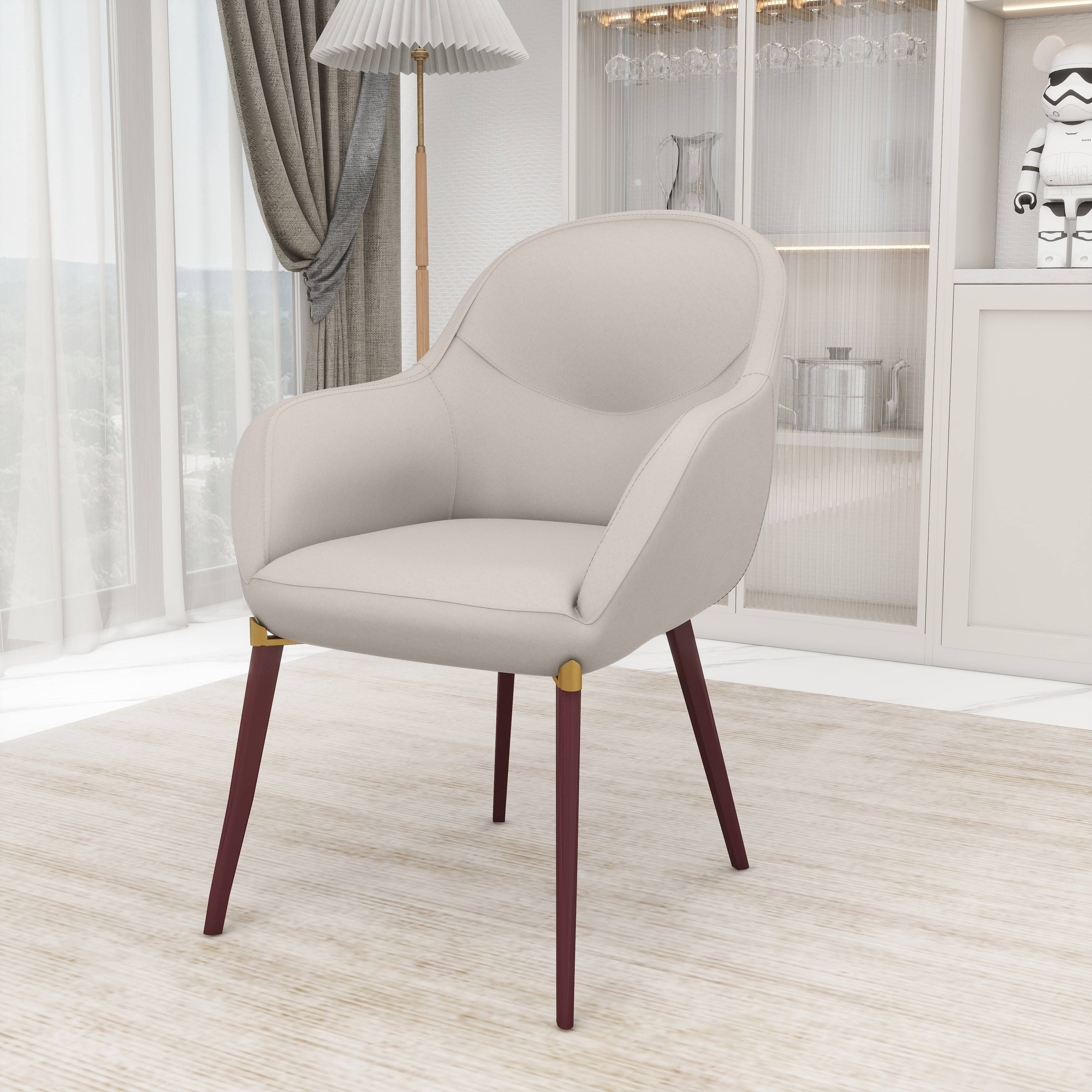 Angle. LeisureMod - Elias Barrel-Back Dining Armchair, Velvet/Leather Accent Chair with Gold Brackets & Wood-Look Legs - Light Grey.