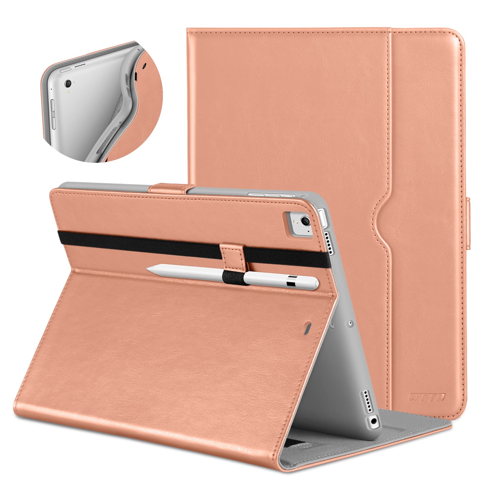 DTTO - for iPad 9.7 Inch 5th/6th Gen 2018/2017 Case with Apple Pencil Holder, Premium Leather Folio Stand Cover Case - Rose Gold