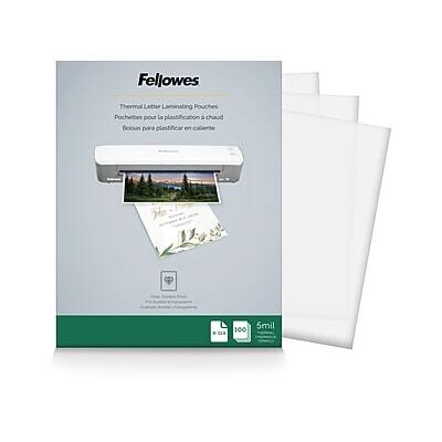 Fellowes  
Thermal Letter Laminating Pouches  
Pochettes pour la plastification à chaud  
Bolsas para plastificar en caliente  

100 pouches  
5mil  

Thermal Laminating Pouches  
Pouches pour la plastification à chaud  
Bolsas para plastificar en caliente  

5mil
