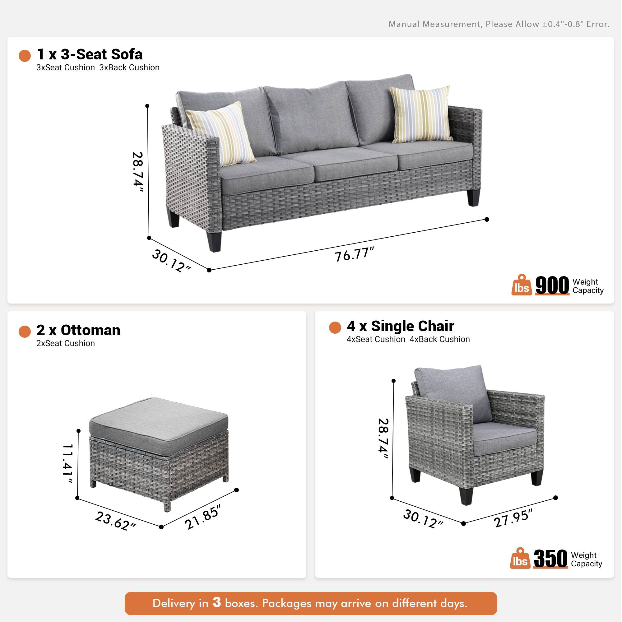 Manual Measurement, Please Allow ±0.4"-0.8" Error.

1 x 3-Seat Sofa  
3xSeat Cushion 3xBack Cushion  
28.74" x 30.12" x 76.77"  
Weight: 900 lbs  
Capacity: 900 lbs

2 x Ottoman  
2xSeat Cushion  
11.41" x 23.62" x 21.85"  
Weight: 350 lbs  
Capacity: 350 lbs

4 x Single Chair  
4xSeat Cushion 4xBack Cushion  
28.74" x 30.12" x 27.95"  
Weight: 350 lbs  
Capacity: 350 lbs

Delivery in 3 boxes. Packages may arrive on different days.