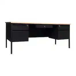 Flash Furniture - Cambridge Commercial Grade 30x70 Double Pedestal Desk with 5 Locking Drawers, White Oak Top and Black Frame - Brown