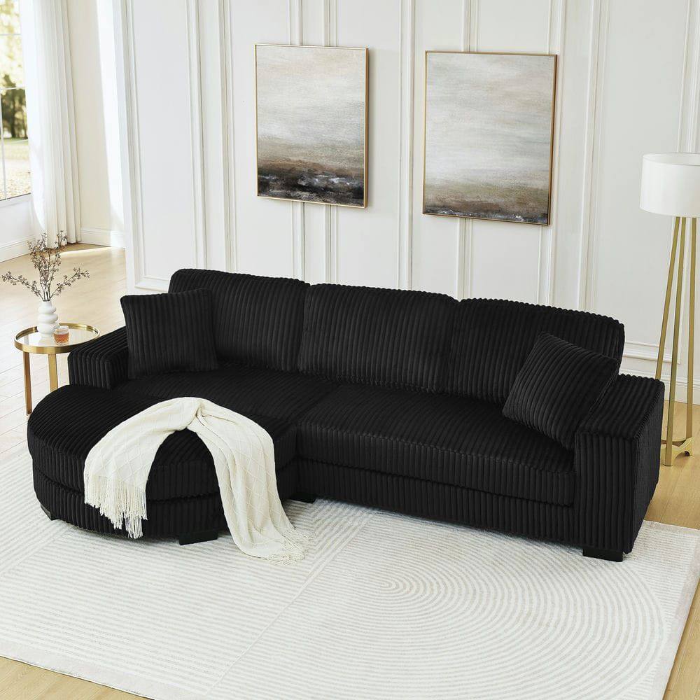 Alt View 1. Kadyn - Modular Sleeper Sectional with Ottoman, L-Shaped Corduroy Sofa with Tufted Upholstery, Black - Black.