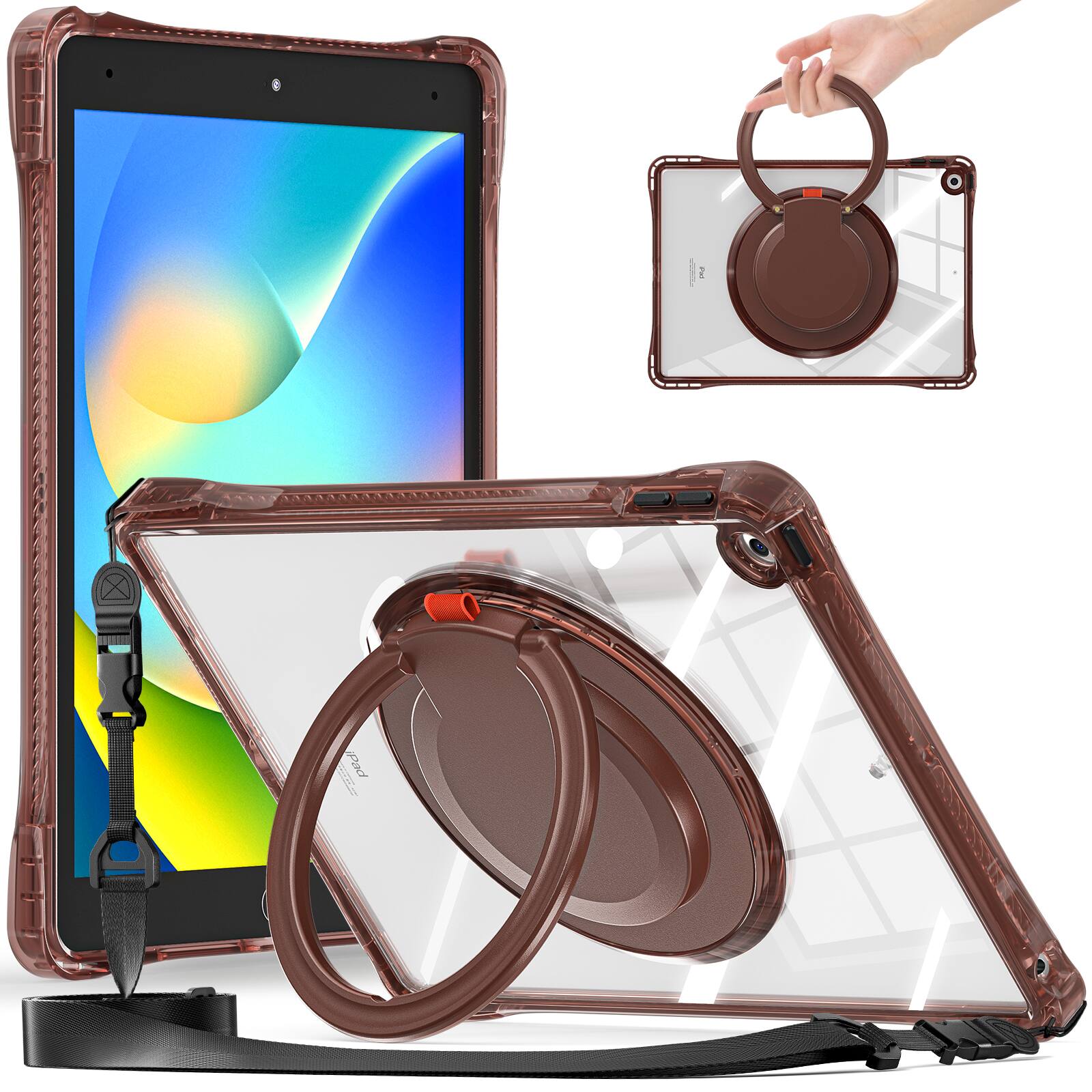 Dteck - for Apple iPad (9th Generation) 10.2" 2021&8th Gen 2020&7th Gen 2019 Case,Clear Rugged Stand Handle Cover+Shoulder Strap - Chocolate