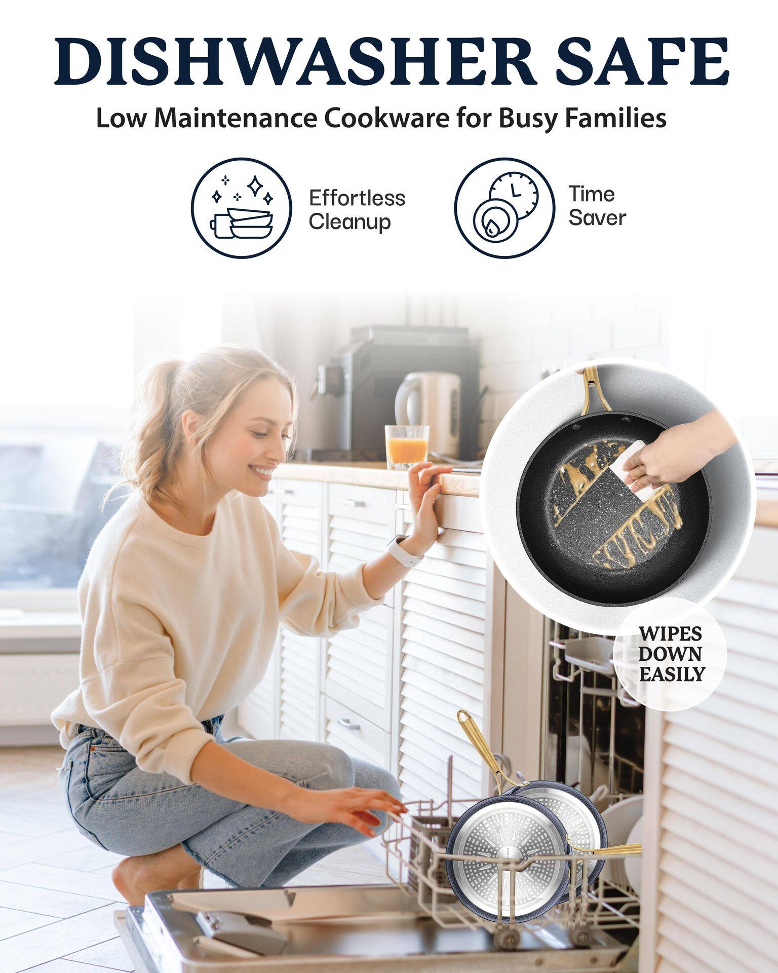 DISHWASHER SAFE  
Low Maintenance Cookware for Busy Families  

Effortless Cleanup  
Time Saver  

WIPES DOWN EASILY