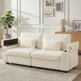 Dyonery - 91" Modern Loveseat Sofa for Living Room, Beige Corduroy 2 Seater Sofa with Storage Armrests,USB Charging & Cup Holders - Beige