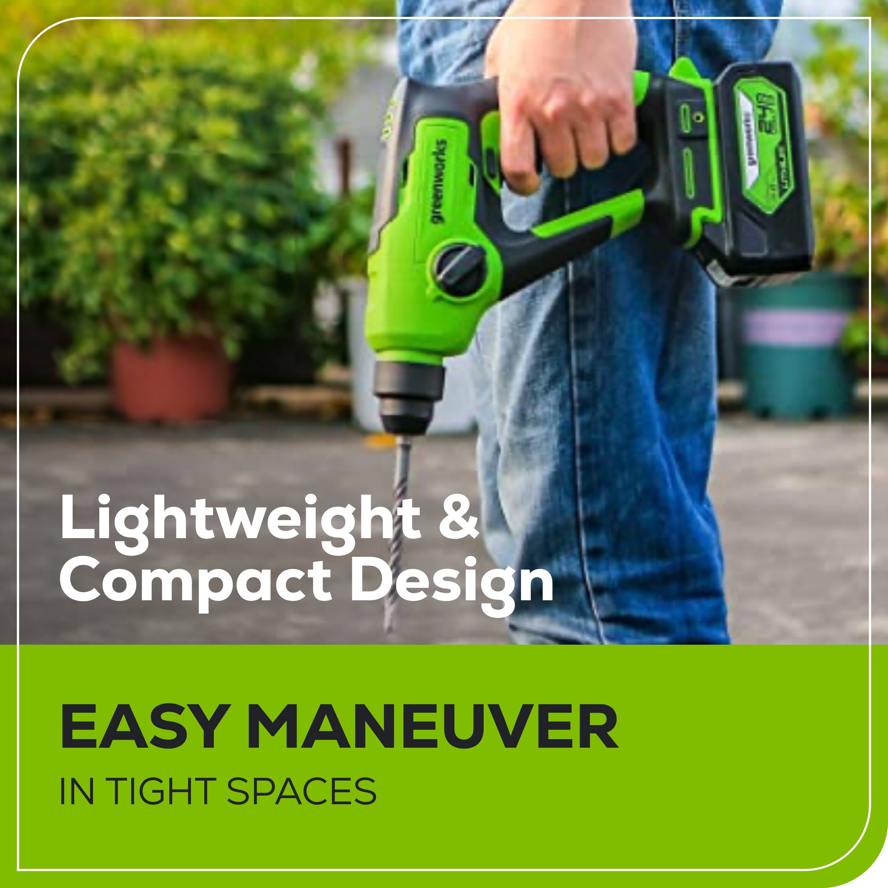 greenworks 1 I R48 ma Lightweight & Compact Design EASY MANEUVER IN TIGHT SPACES