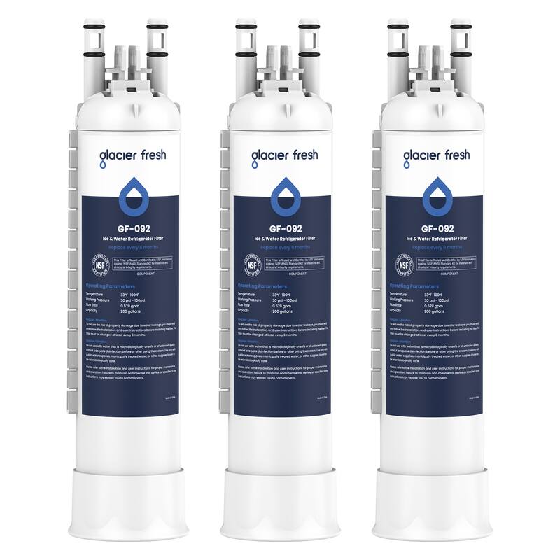 glacier fresh  
GF-092  
Ice & Water Refrigerator Filter  
Replace every 6 months  

Operating Parameters  
Temperature: 32°F-100°F  
Working Pressure: 30 psi - 100 psi  
Capacity: 200 gallons  

NSF Certified  
Component: NSF/ANSI Std 42  
Component: NSF/ANSI Std 401  

glacier fresh  
GF-092  
Ice & Water Refrigerator Filter  
Replace every 6 months  

Operating Parameters  
Temperature: 32°F-100°F  
Working Pressure: 30 psi - 100 psi  
Capacity: 200 gallons  

NSF Certified  
Component: NSF/ANSI Std 42  
Component: NSF/ANSI Std 401  

glacier fresh  
GF-092  
Ice & Water Refrigerator Filter  
Replace every 6 months  

Operating Parameters  
Temperature: 32°F-100°F  
Working Pressure: 30 psi - 100 psi  
Capacity: 200 gallons  

NSF Certified  
Component: NSF/ANSI Std 42  
Component: NSF/ANSI Std