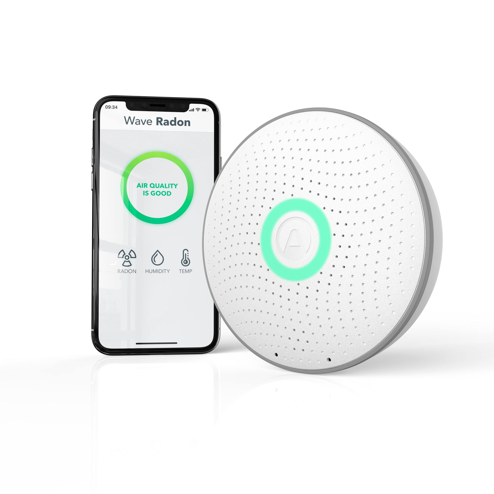 Front. Airthings - Wave Smart Radon Detector with Free App, Temp and Humidity Monitor, Battery Operated, No Lab Fees. - Matte White and Silver.