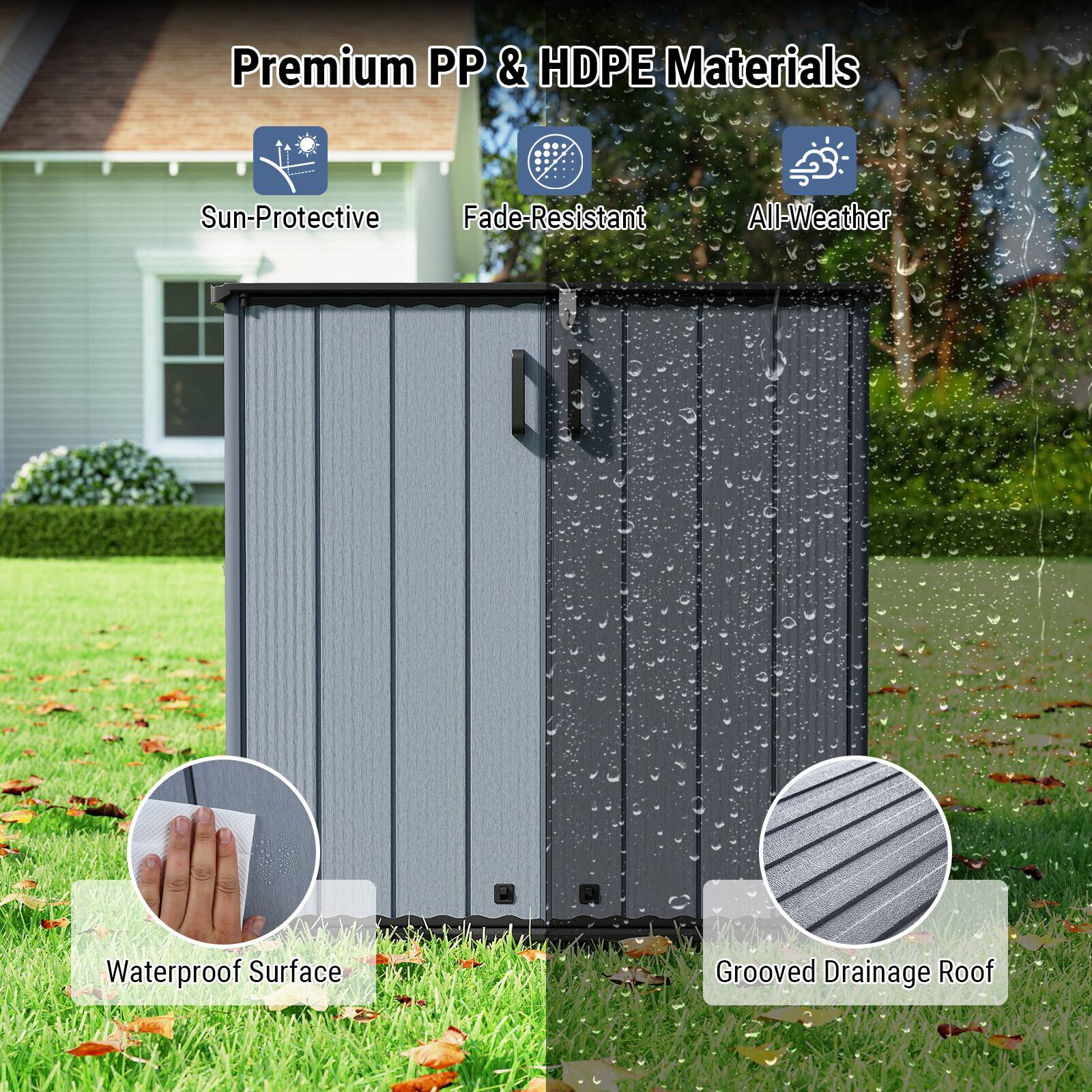 Premium PP & HDPE Materials

- Sun-Protective
- Fade-Resistant
- All-Weather
- Waterproof Surface
- Grooved Drainage Roof