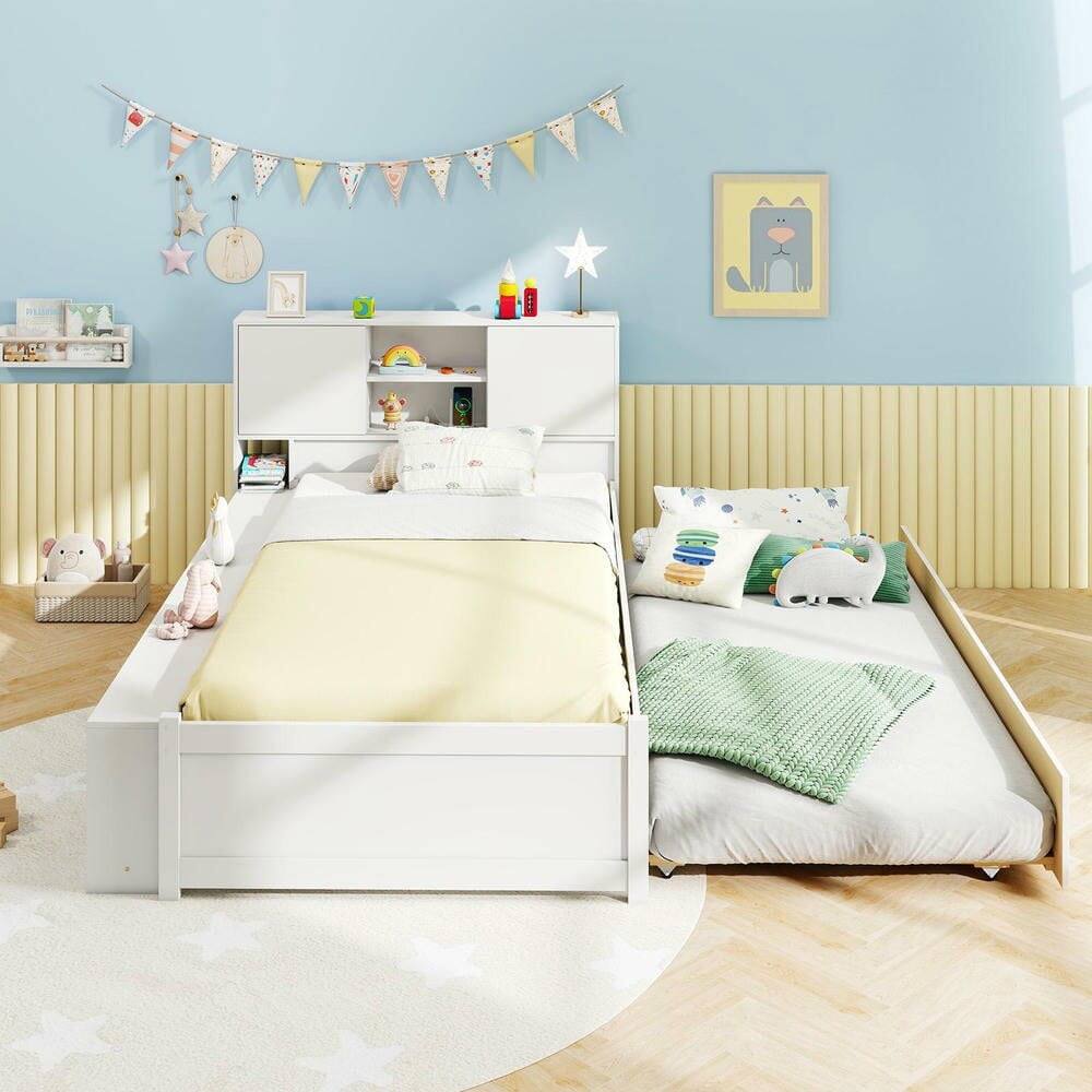 Alt View 2. Kadyn - Twin Bed Frame with Built-In Trundle and Convenient Power Outlets, Space-Saving Design with USB Charging Ports - White.