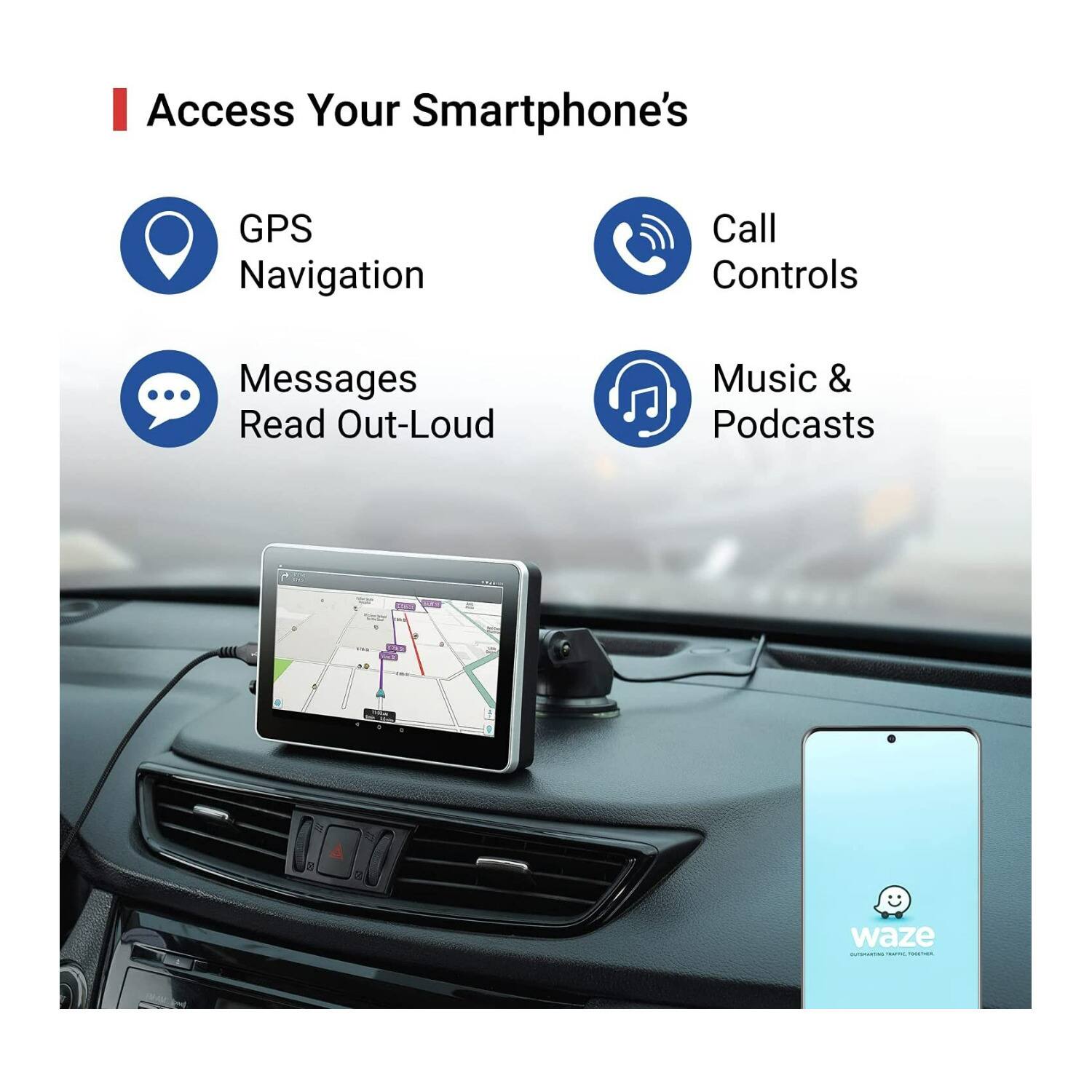 Access Your Smartphone's GPS Navigation, Call Controls, Messages Read Out-Loud, Music & Podcasts.