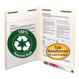 Smead Manufacturing - Recycled Manila End Tab Fastener Folders, 0.75" Expansion, 2 Fasteners, Letter Size, Manila Exterior, 50/Box