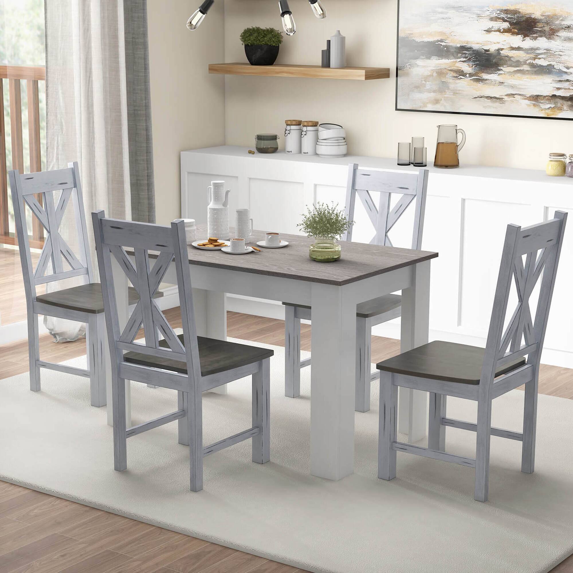 Angle. Costway - Wooden Dining Chair Set of 4 with Rubber Wood Frame Elegant Hollowed Backrest - White, Gray.
