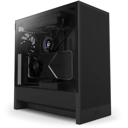 The image shows a black computer tower with a fan on the side. The fan is connected to the tower, and the tower is labeled with the text "NZXT." The tower is likely part of a computer system, and the fan is used to cool the internal components.