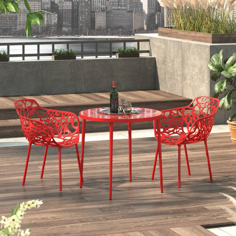 Angle. LeisureMod - Set of 2 Devon Aluminum Dining Chair with UV-Protected Aluminum Frame Floral Cutout Design for Indoor Outdoor - Red.