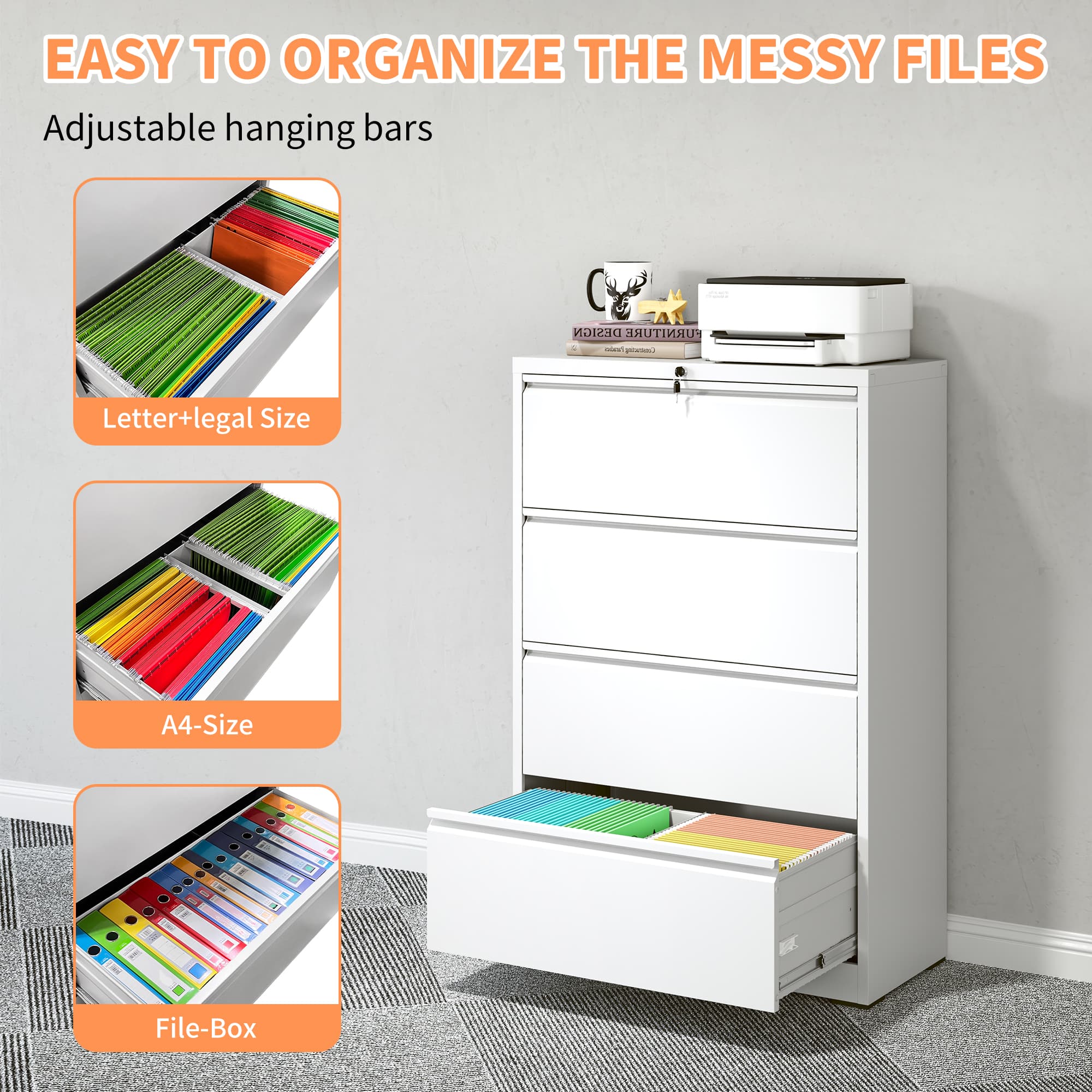 EASY TO ORGANIZE THE MESSY FILES

Adjustable hanging bars

- Letter+legal Size
- A4-Size
- File-Box