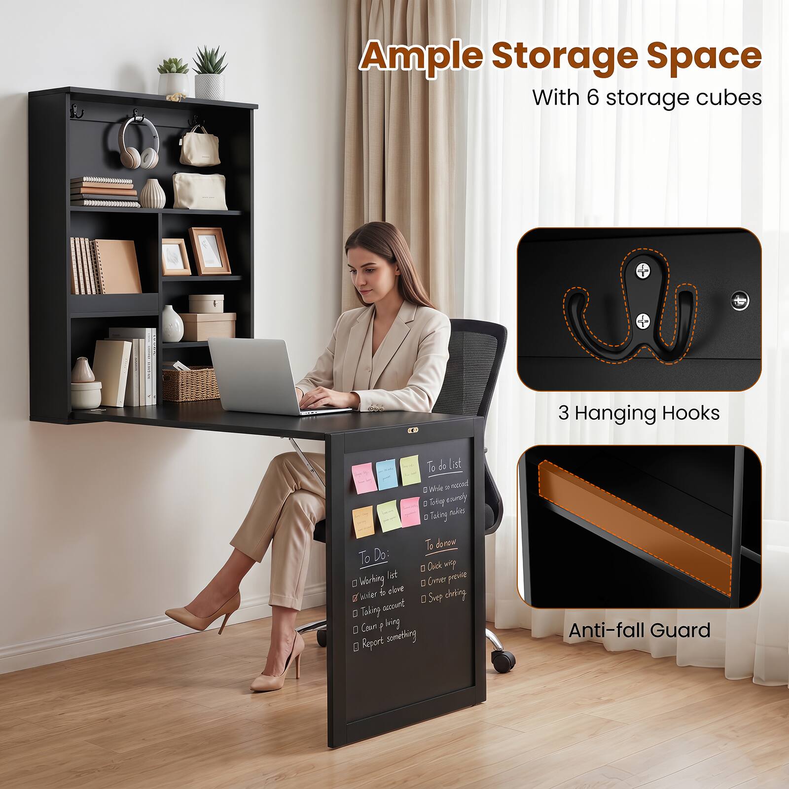 Ample Storage Space With 6 storage cubes CD 3 Hanging Hooks To do list Whie a netenul 5 Toey esurly a Tolng To donow To Do Oock wp lat pepuie 5 Working Conver holer cione chriny Surp Taking accent D Cau f bving 1 Report semething Anti-fall Guard